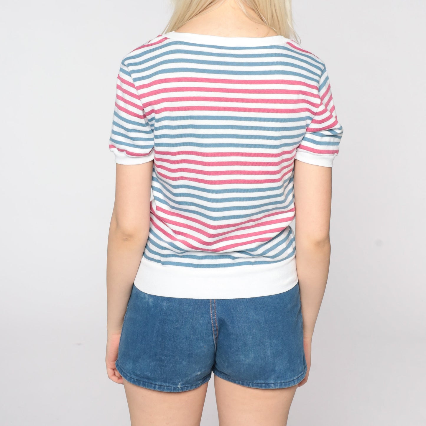 80s Striped Ringer Tee Pink Blue White Cotton Shirt Small S