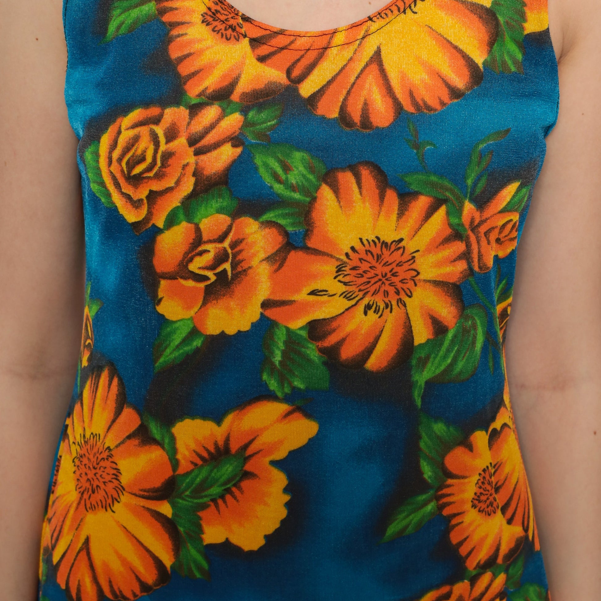 90s Floral Bodycon Mini Dress Blue Yellow Sleeveless Small Medium