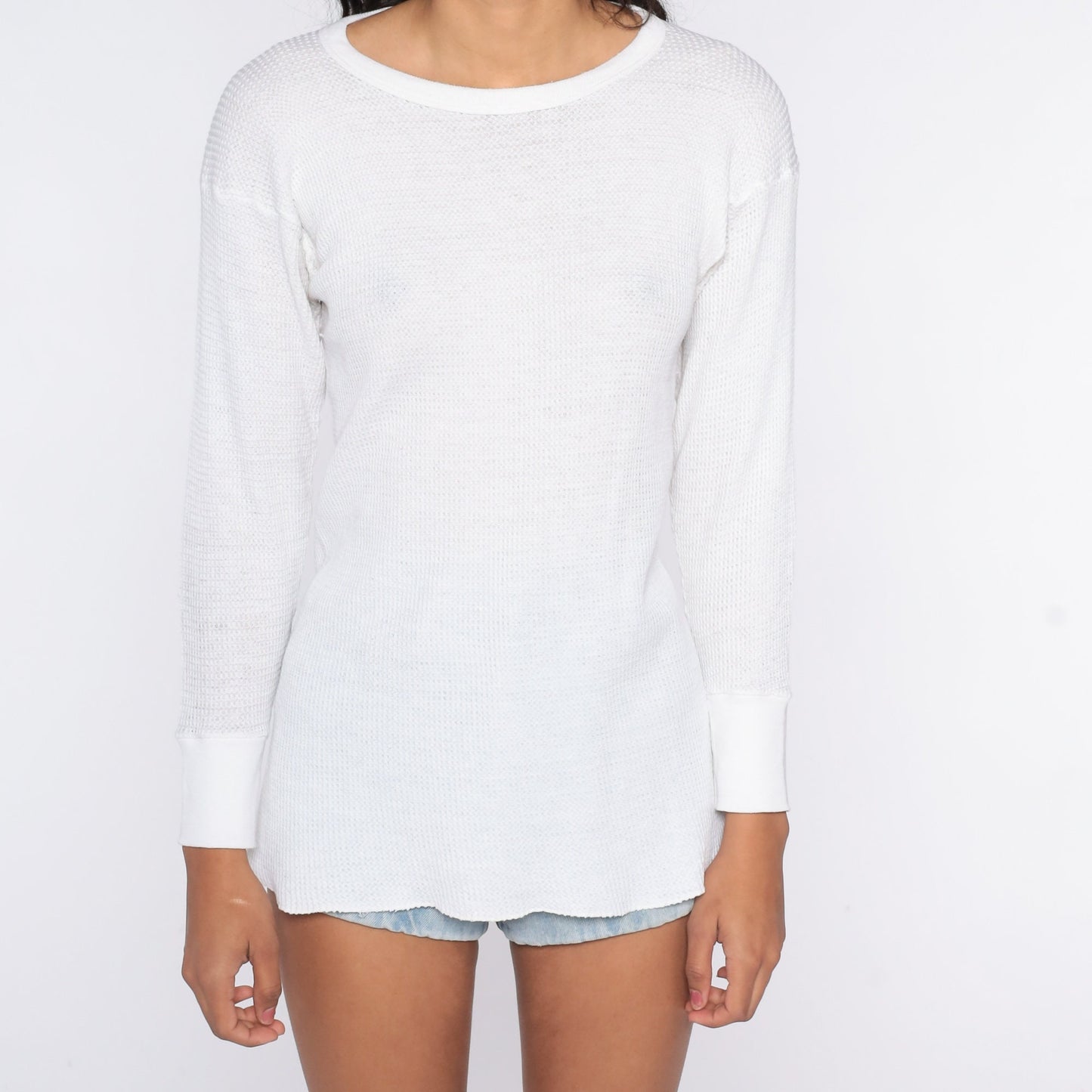 80s White Thermal Waffle Knit Long Sleeve Undershirt Medium