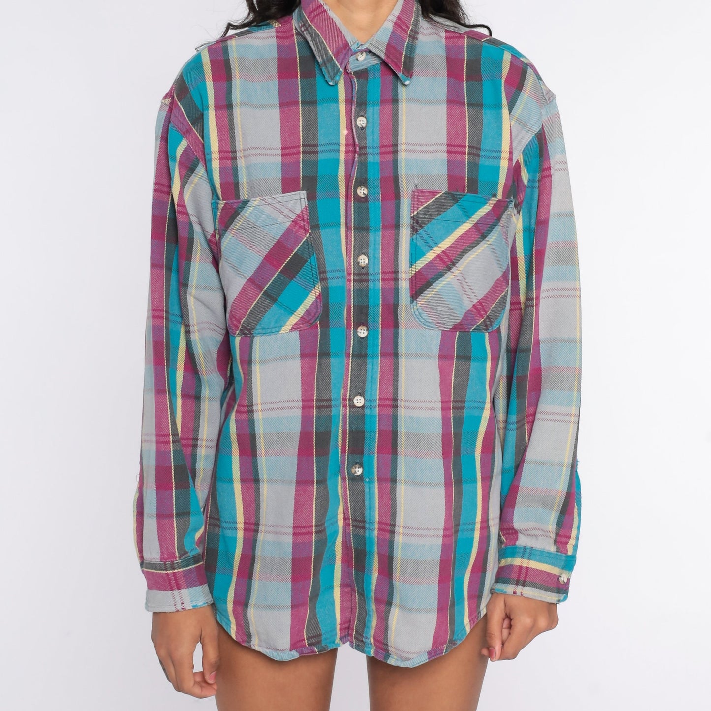 90s Blue Plaid Flannel Shirt Cotton Button-Up Long Sleeve Extra Large