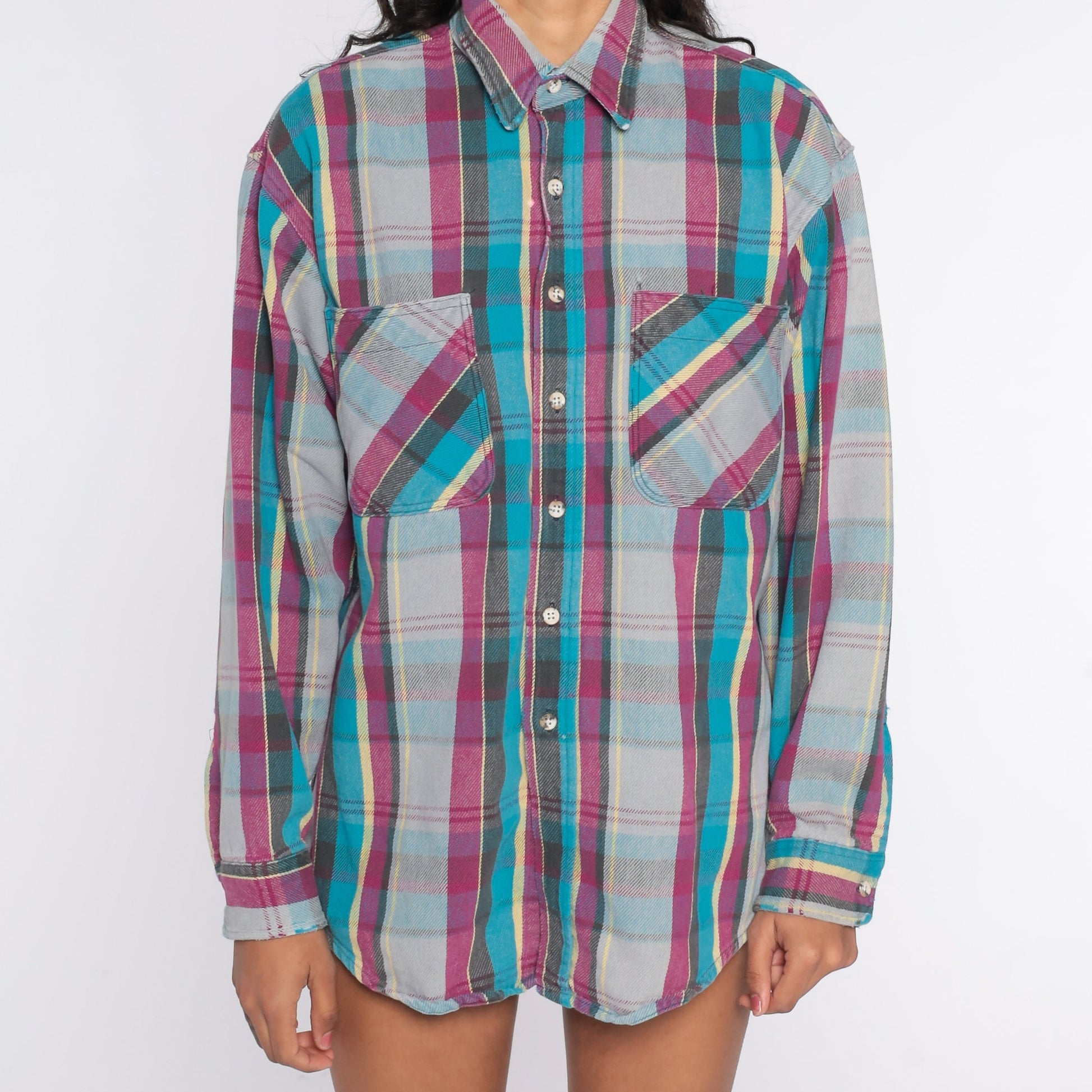 90s Blue Plaid Flannel Shirt Cotton Button-Up Long Sleeve Extra Large