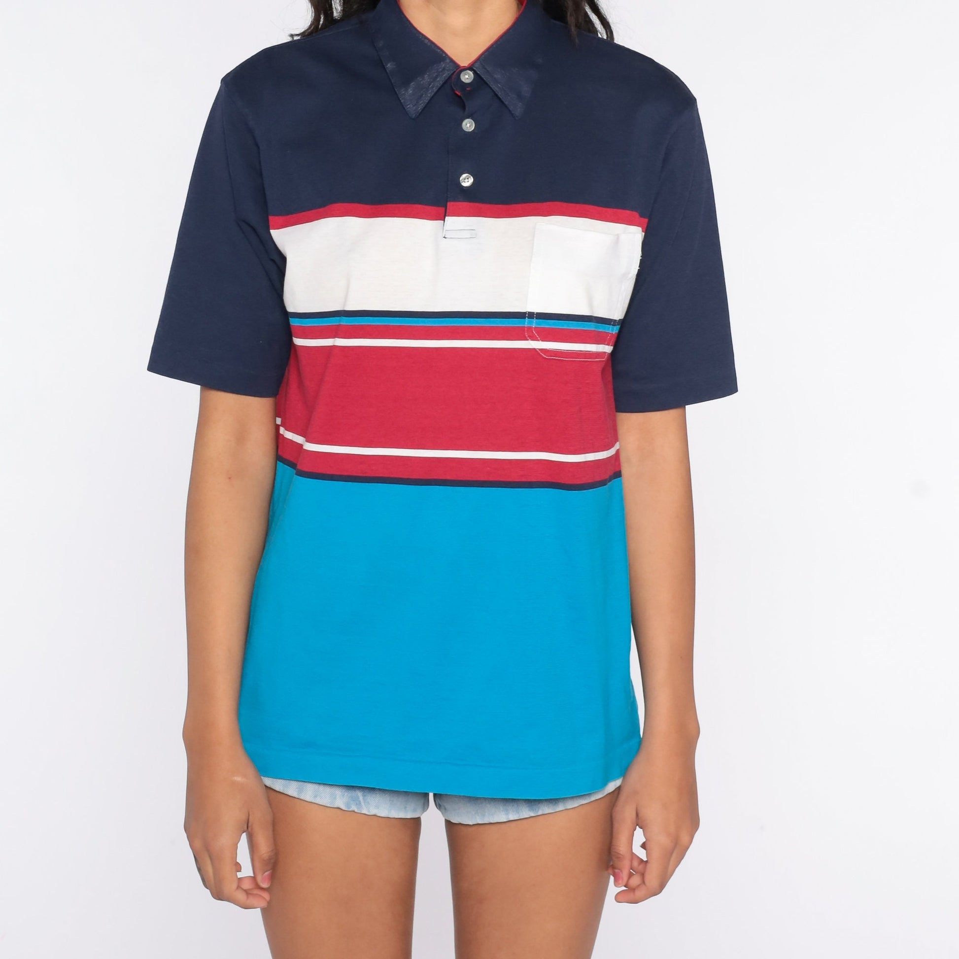 80s Tournament by Arrow Striped Polo Shirt Navy Turquoise Red Medium