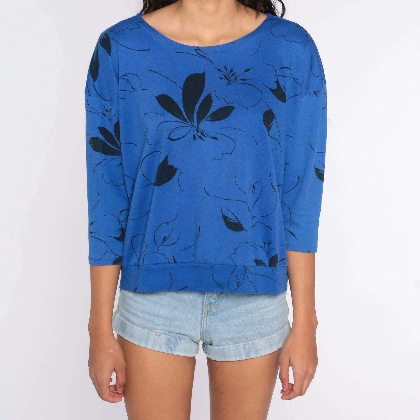 80s Floral Dolman Sleeve Blouse Blue 3/4 Shirt Large