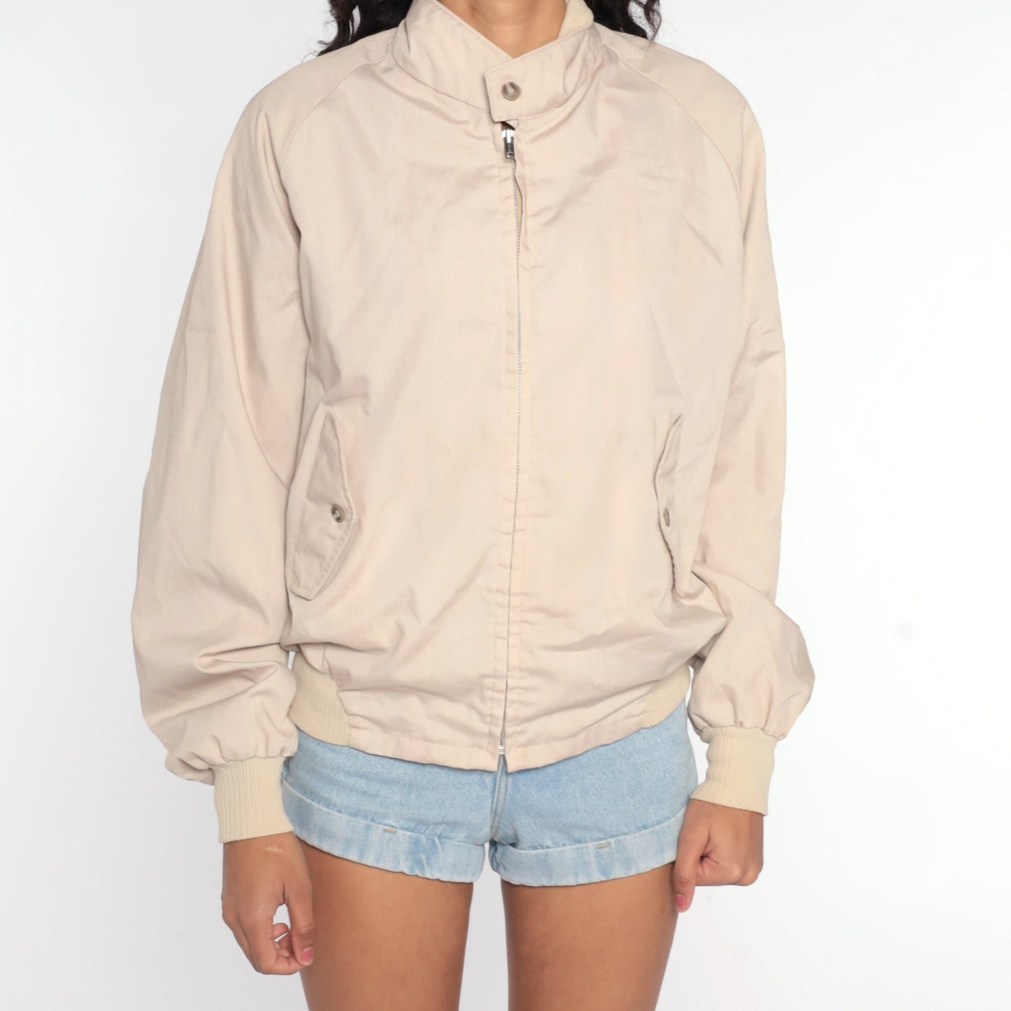 80s Beige Windbreaker Jacket Raglan Sleeve Zip Up Medium