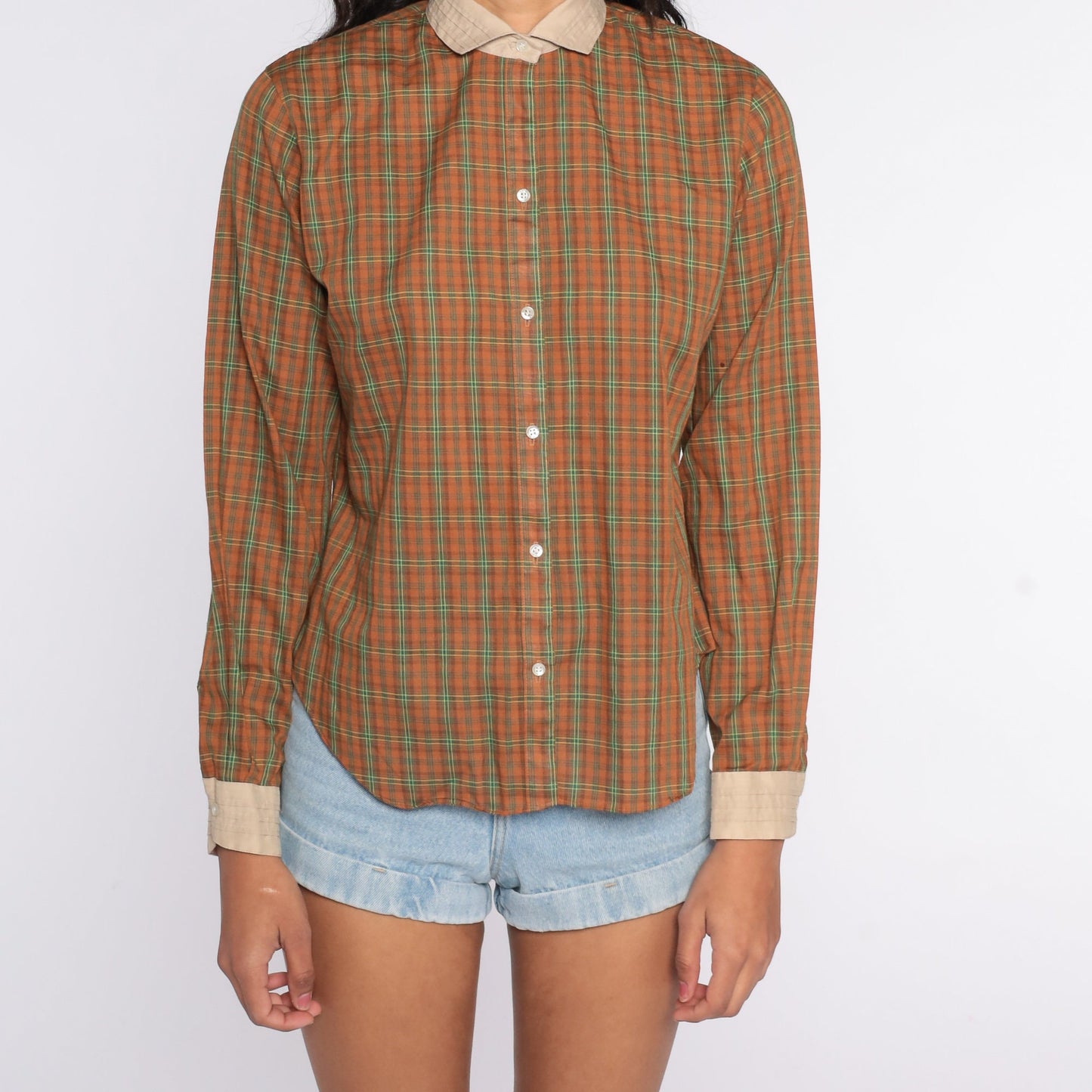 80s Brown Plaid Button-Up Blouse Long Sleeve Chest Pocket Medium