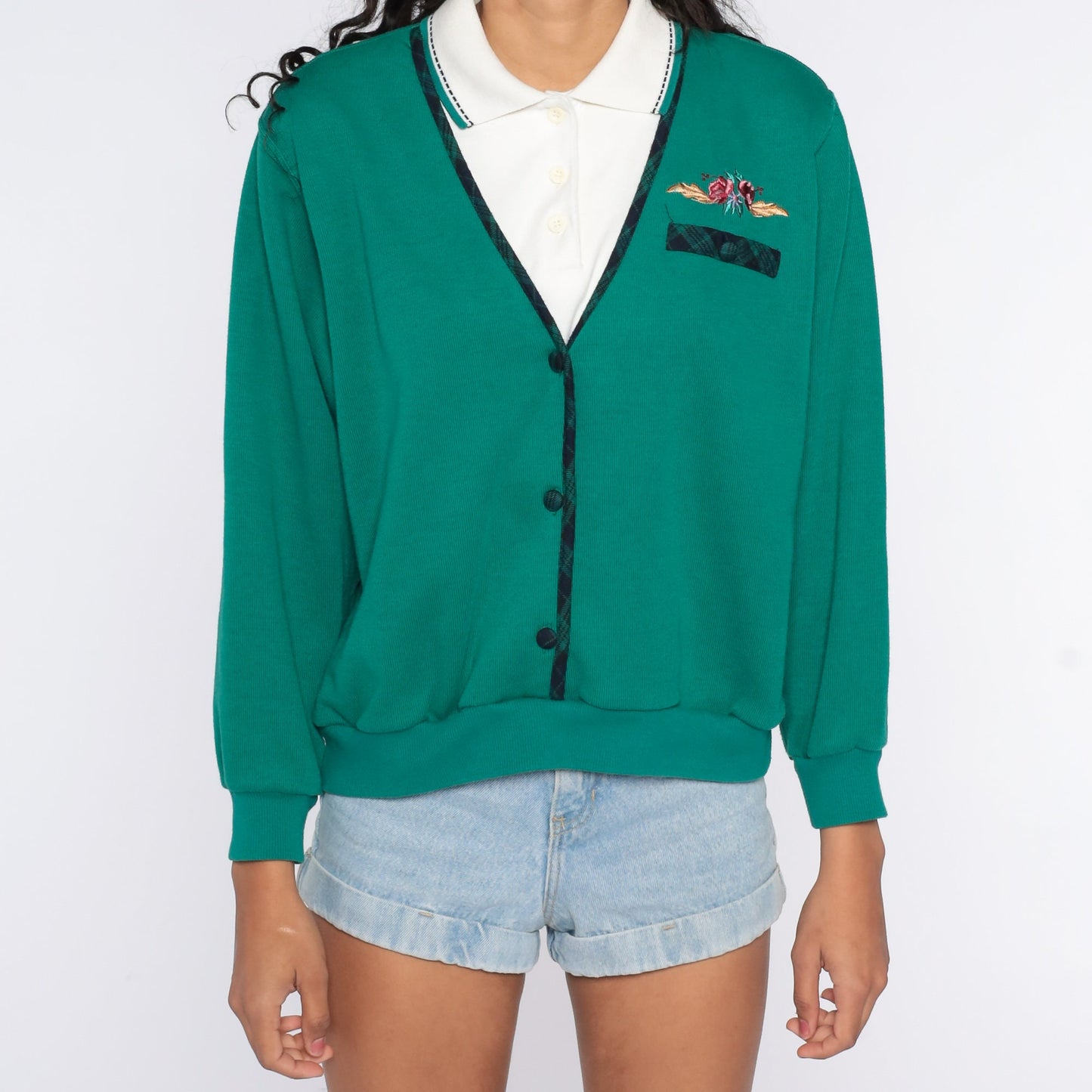 80s Floral Embroidered Sweatshirt Green Layered 2fer Pullover Large L