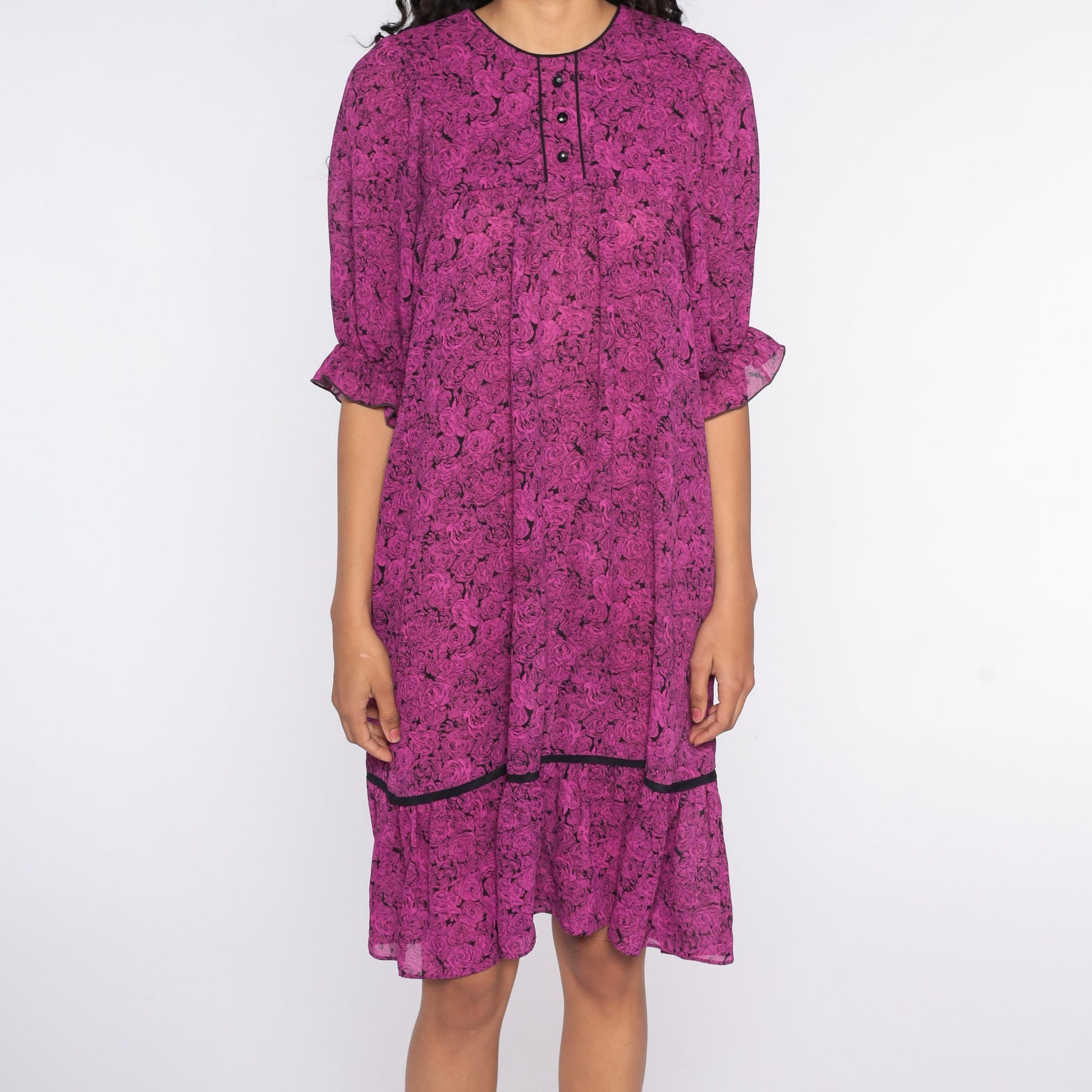 80s Purple Floral Tent Dress Half-Sleeve Trapeze Midi Small
