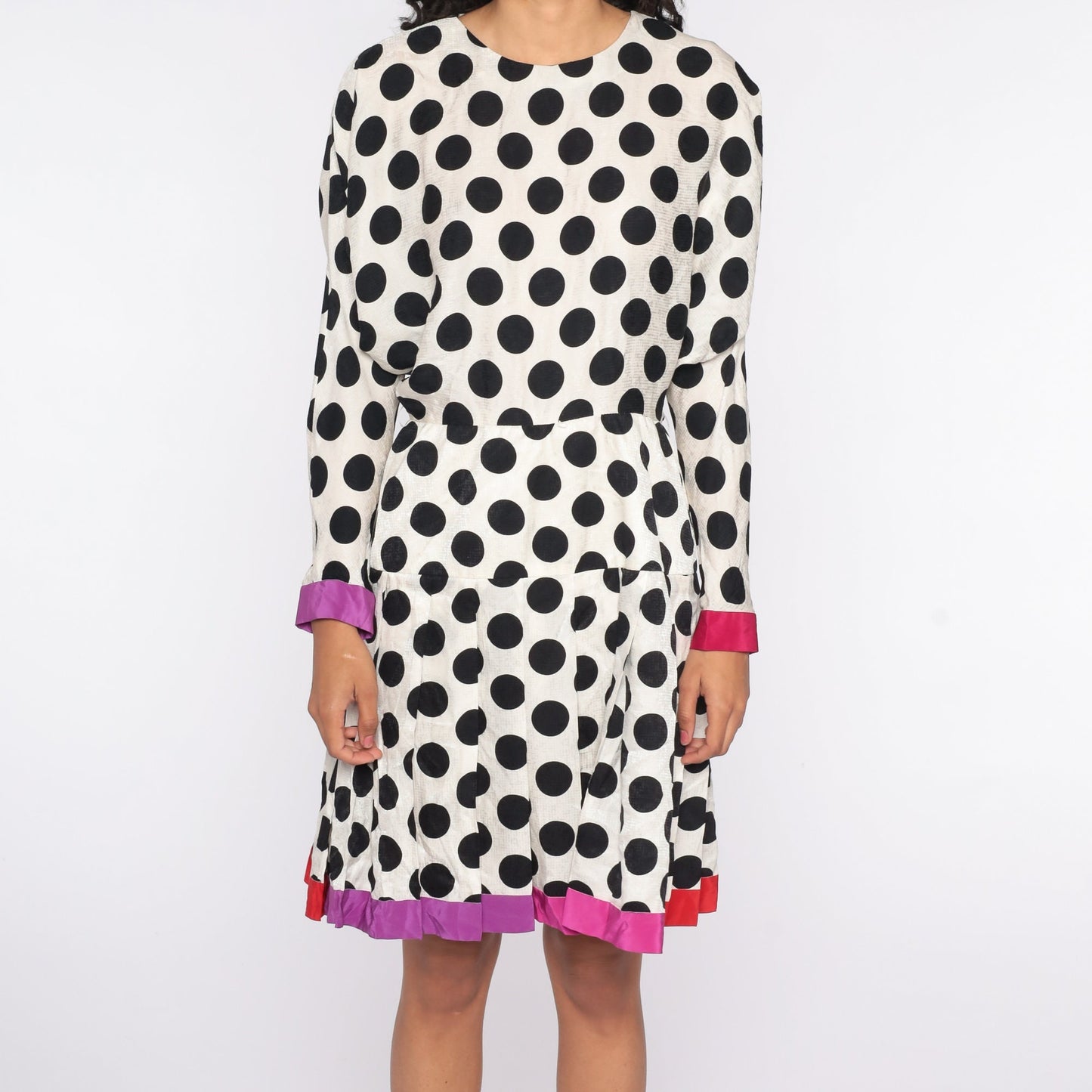 90s Polka Dot Silk Midi Dress Dolman Sleeve Pleated Black White Small