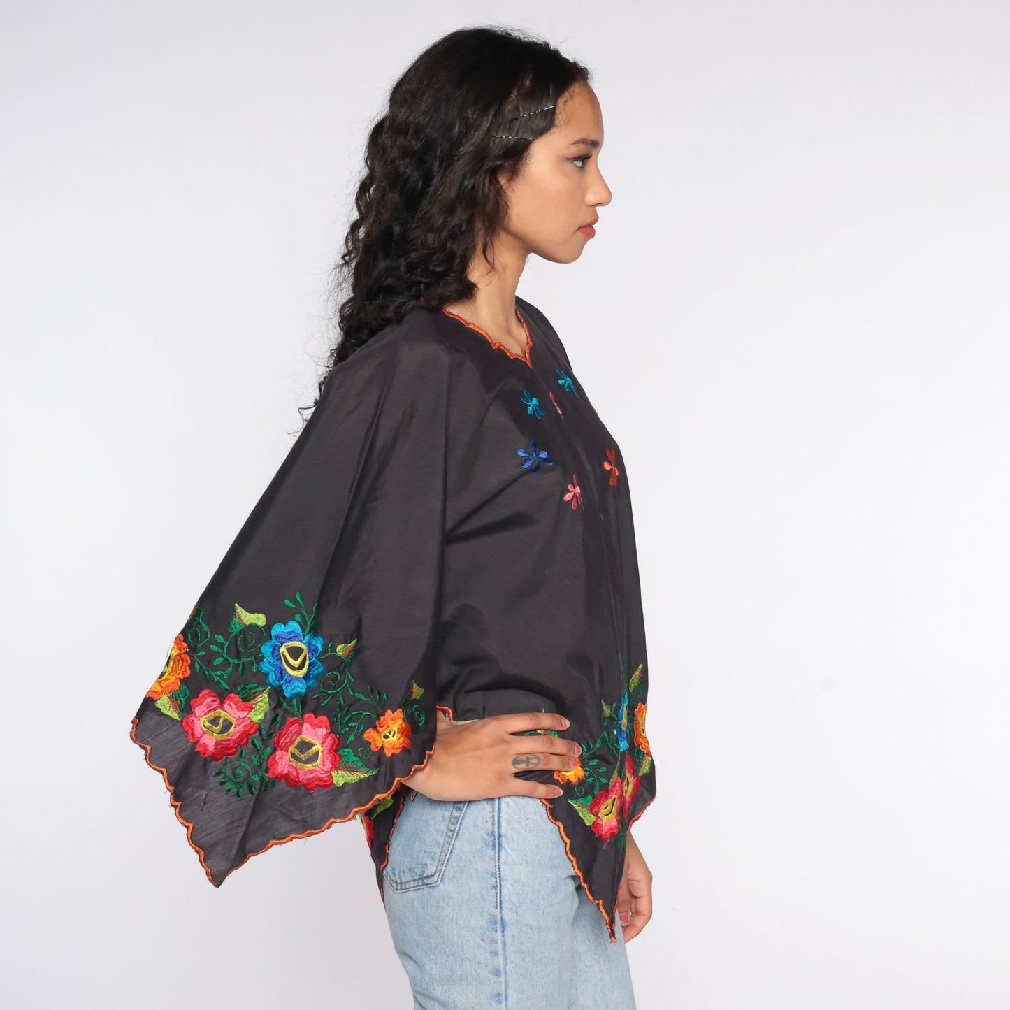 90s Black Floral Embroidered Bell Sleeve Tunic Top Small Medium
