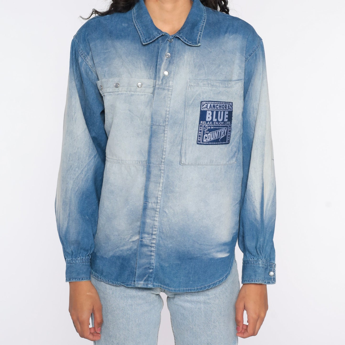 90s Anchor Blue Denim Pearl Snap Western Shirt Small