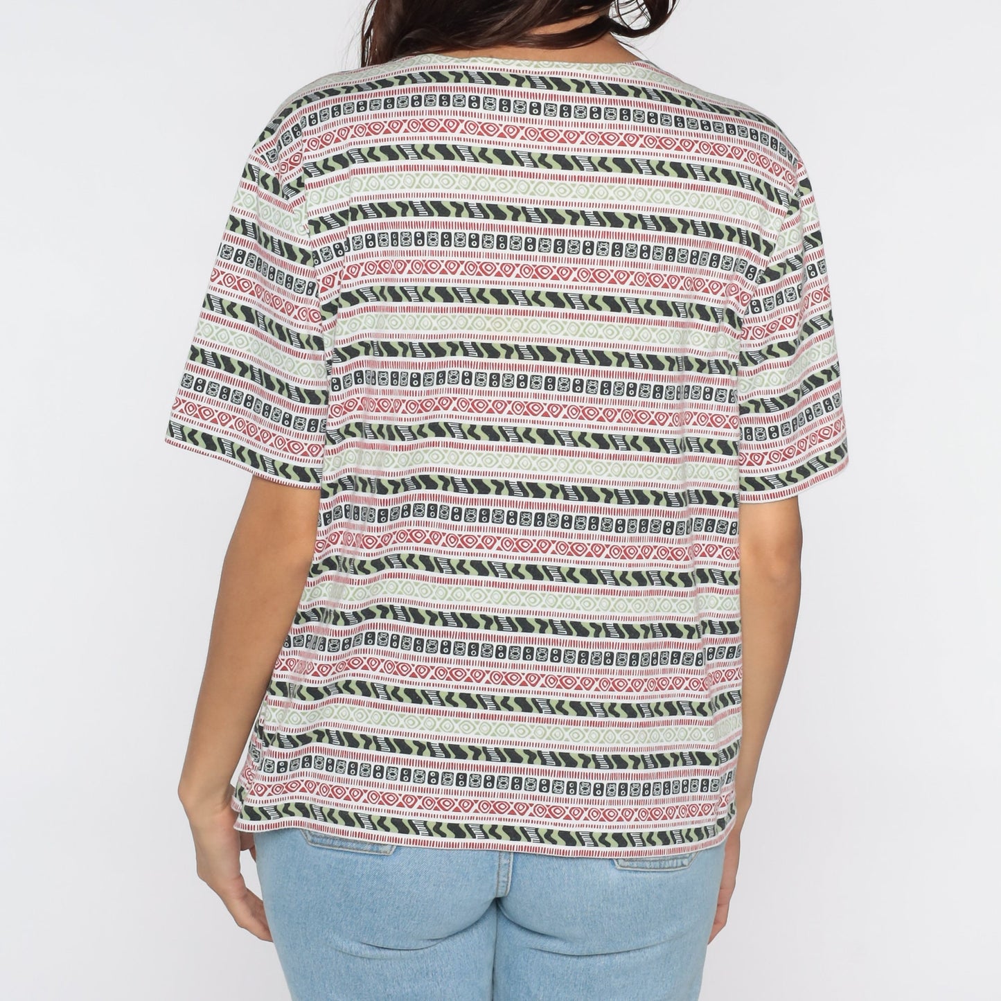 90s Cabin Creek Geometric Striped T-Shirt Grey Cotton Medium