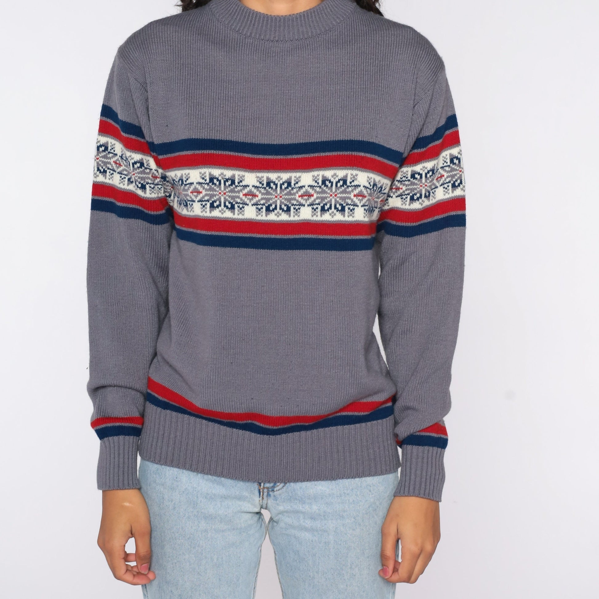 80s Nordic Snowflake Sweater Grey Geometric Fair Isle Knit Large
