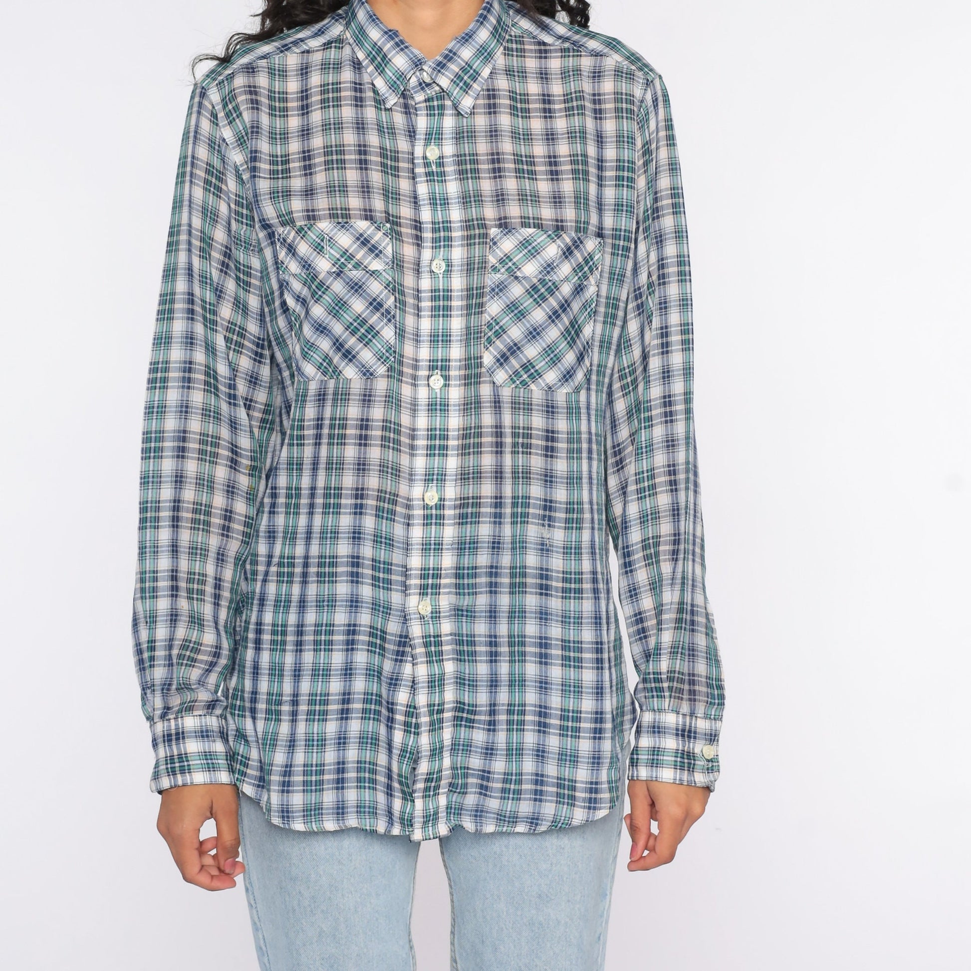80s Blue Plaid Button Up Shirt Cotton Blend Distressed Large