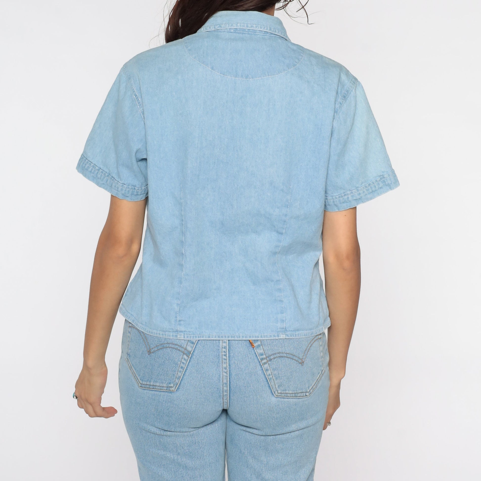 90s Bill Blass Floral Embroidered Denim Shirt Blue Cotton Button Down Medium