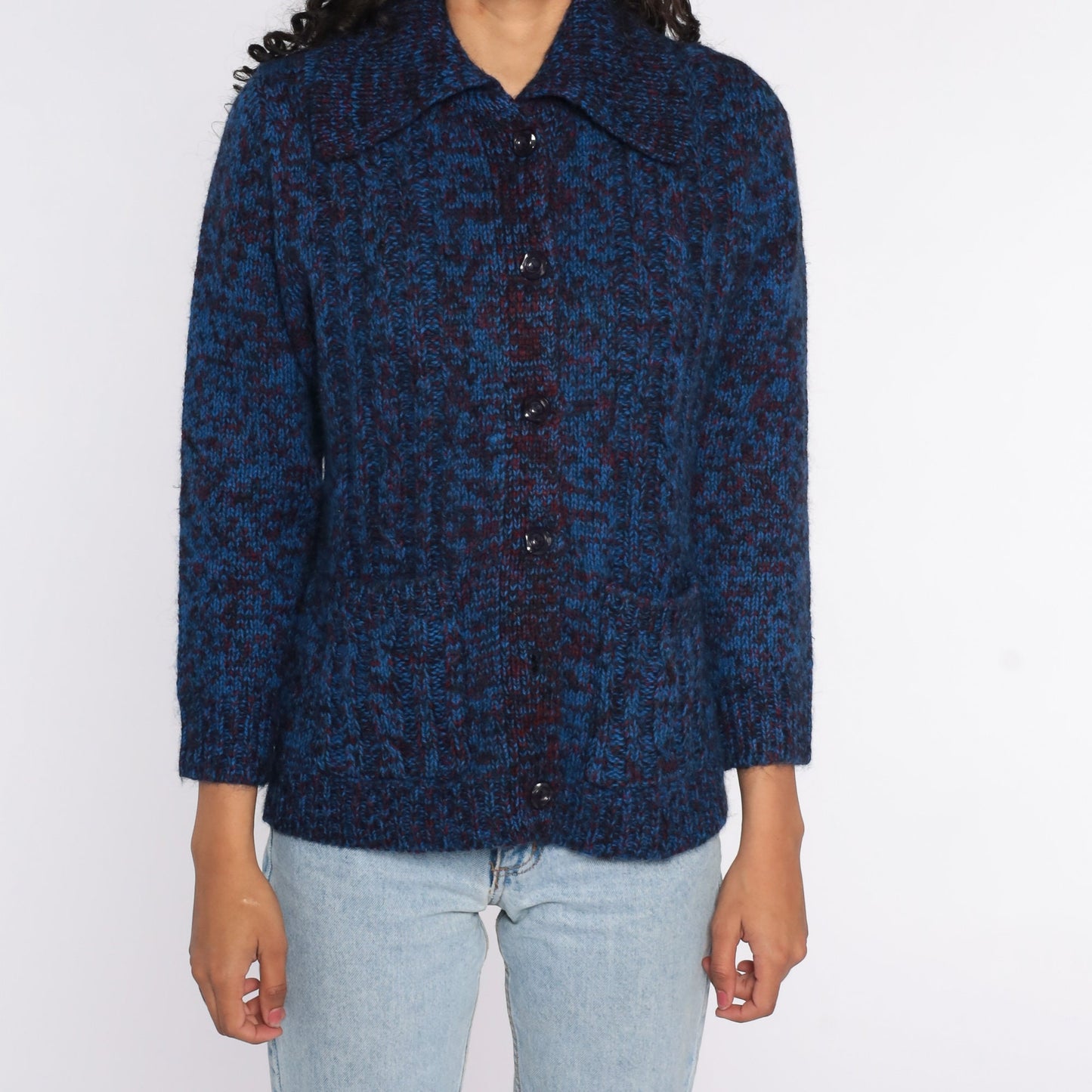 70s Dark Blue Space Dye Cardigan Sweater Button Front Medium