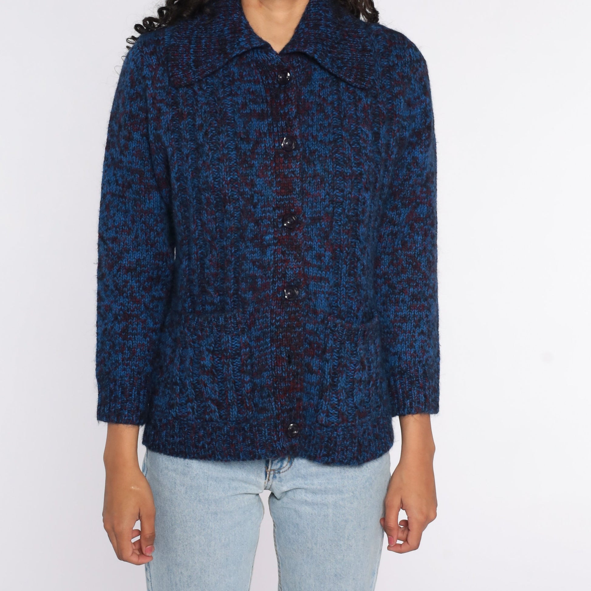 70s Dark Blue Space Dye Cardigan Sweater Button Front Medium