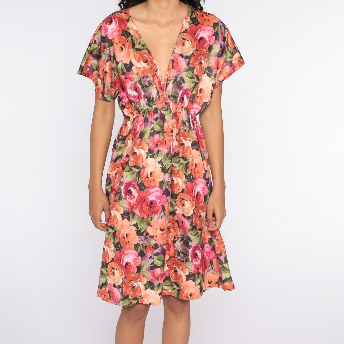 80s Floral Midi Dress Deep V Neck High Waist Short Sleeve Medium