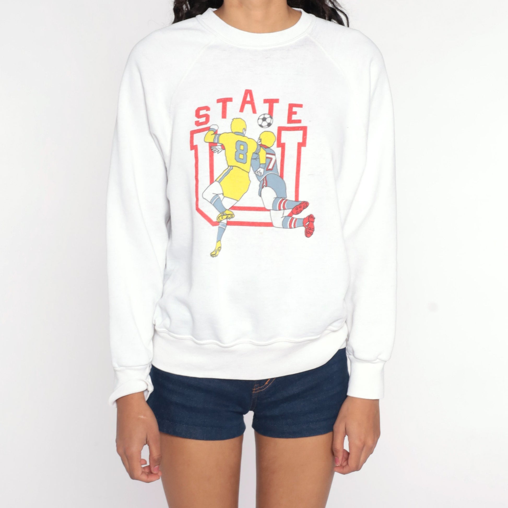 80s State U Football Sweatshirt White Graphic Crewneck Pullover Large
