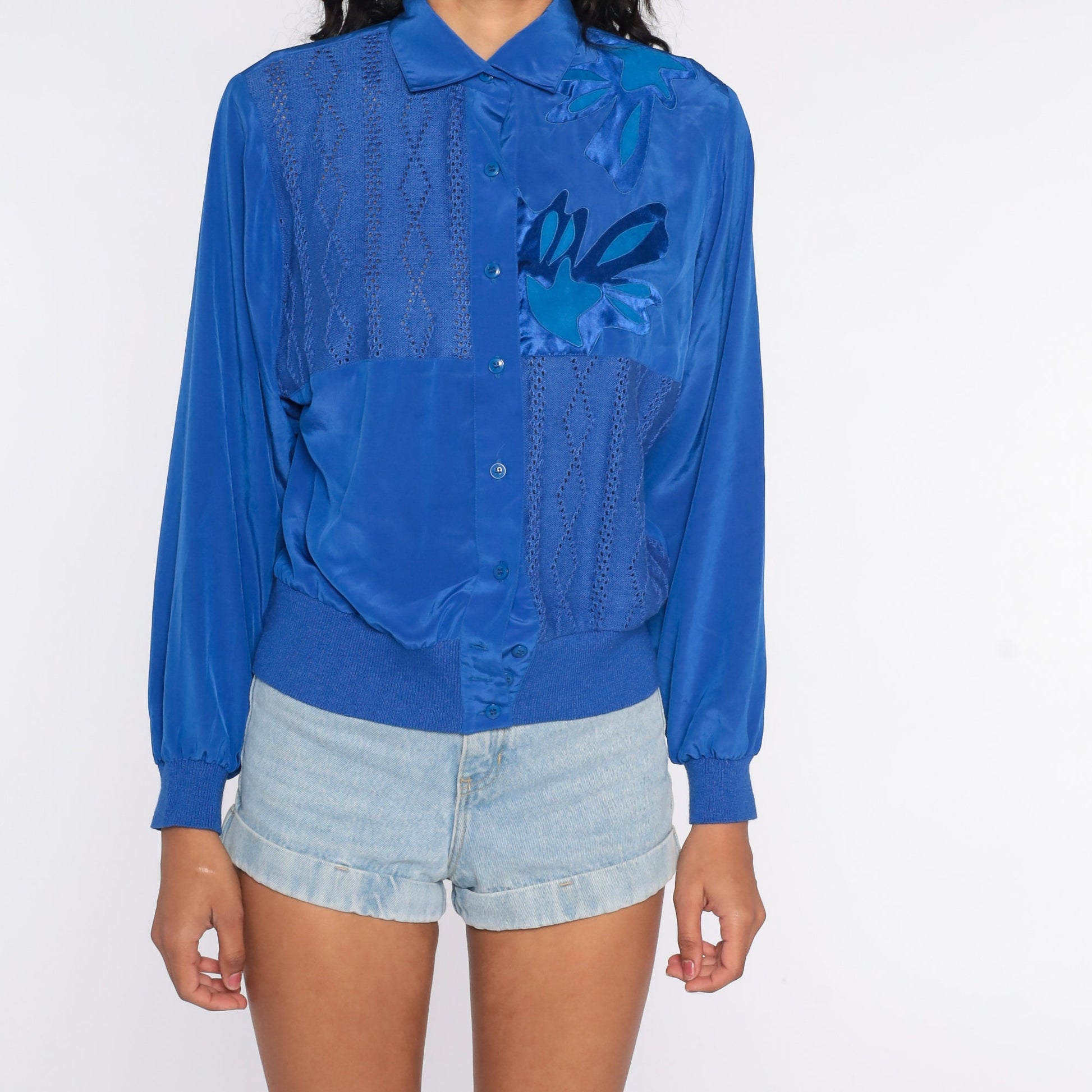 80s Royal Blue Cutout Blouse Abstract Button-Up Long Sleeve Small S