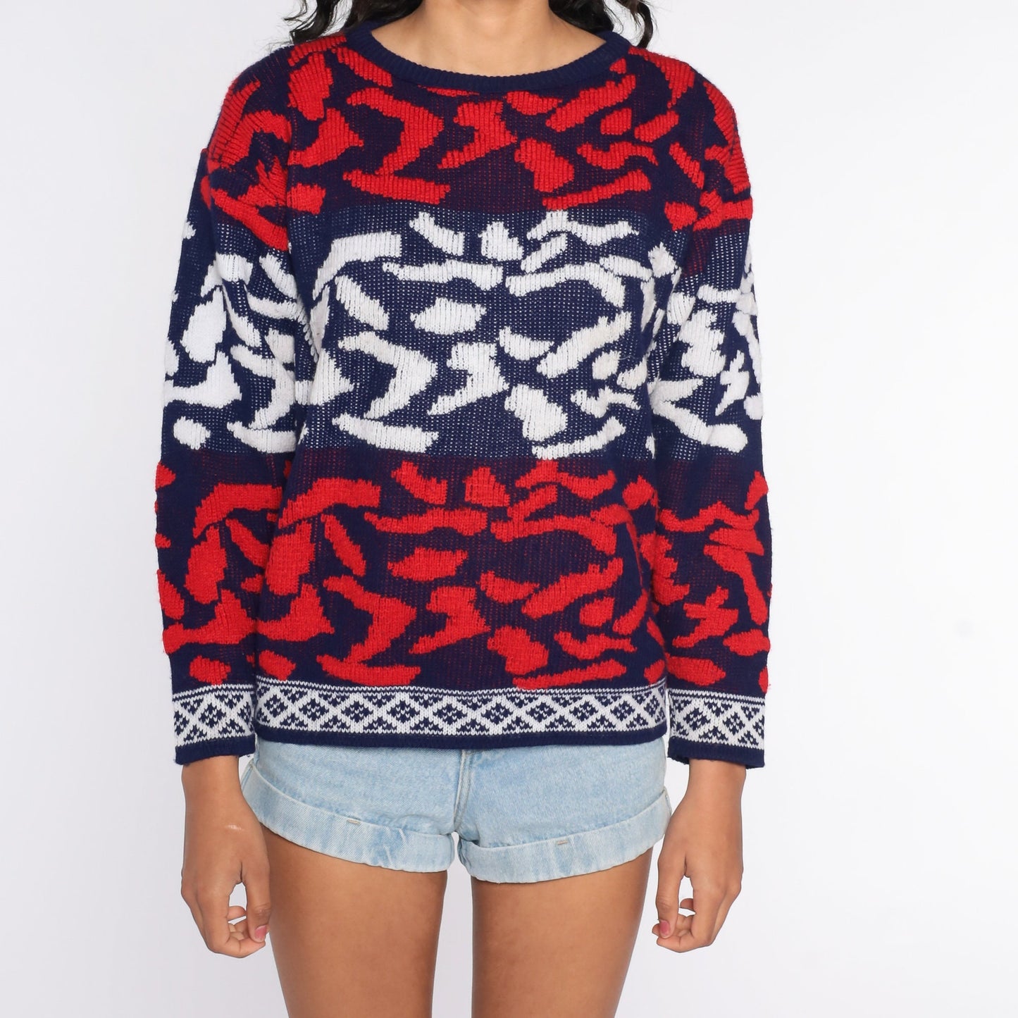 80s Abstract Print Knit Sweater Red White Blue Crewneck Medium