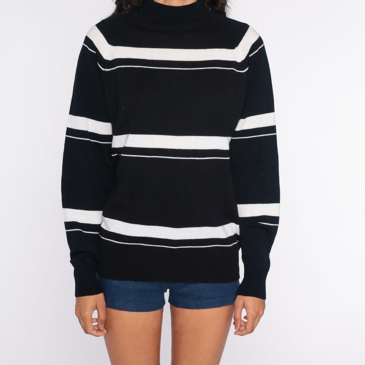 70s Black Striped Knit Sweater Mock Neck Pullover Large