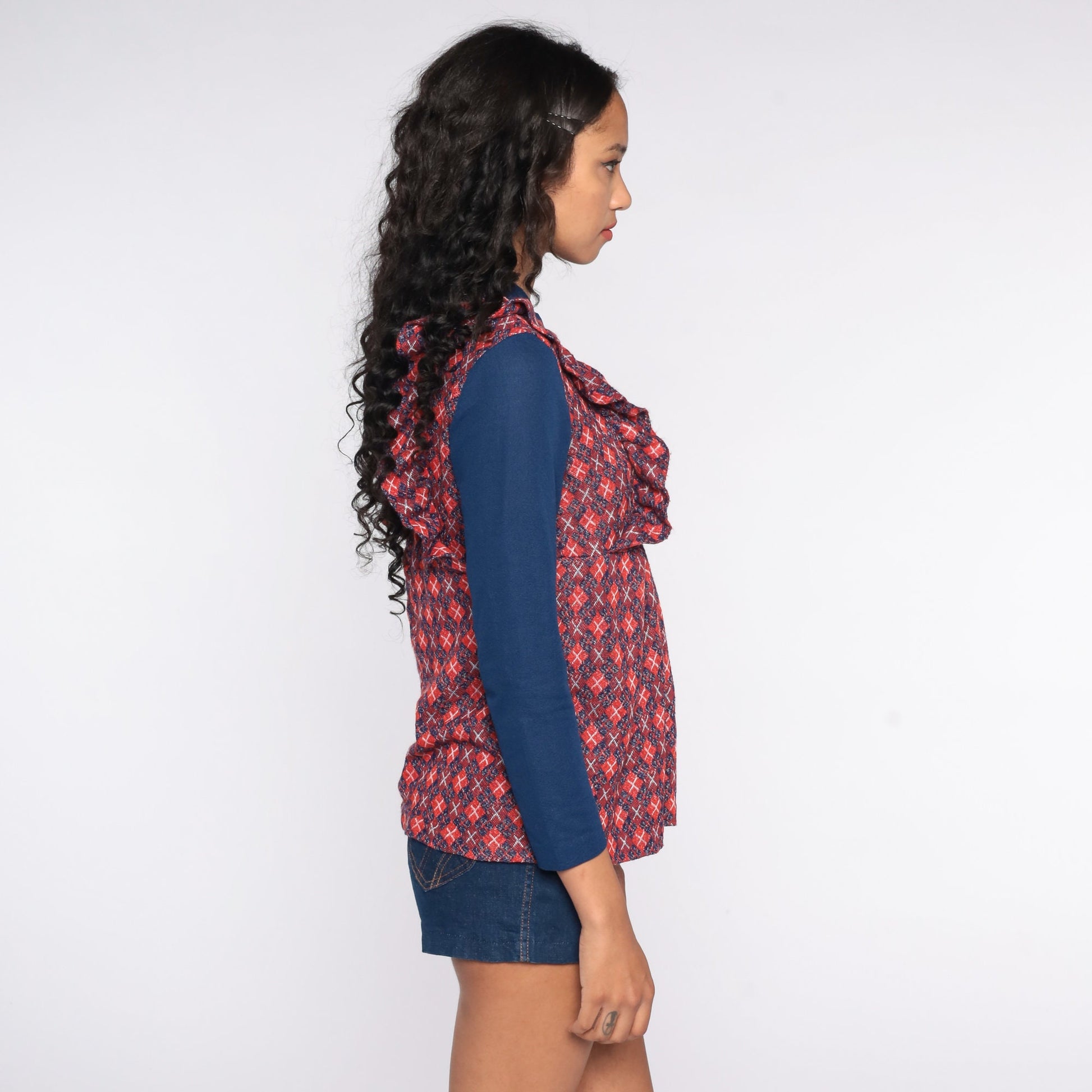 70s Plaid Babydoll Top Ruffled Long Sleeve Checkered Tunic Blue Red Medium