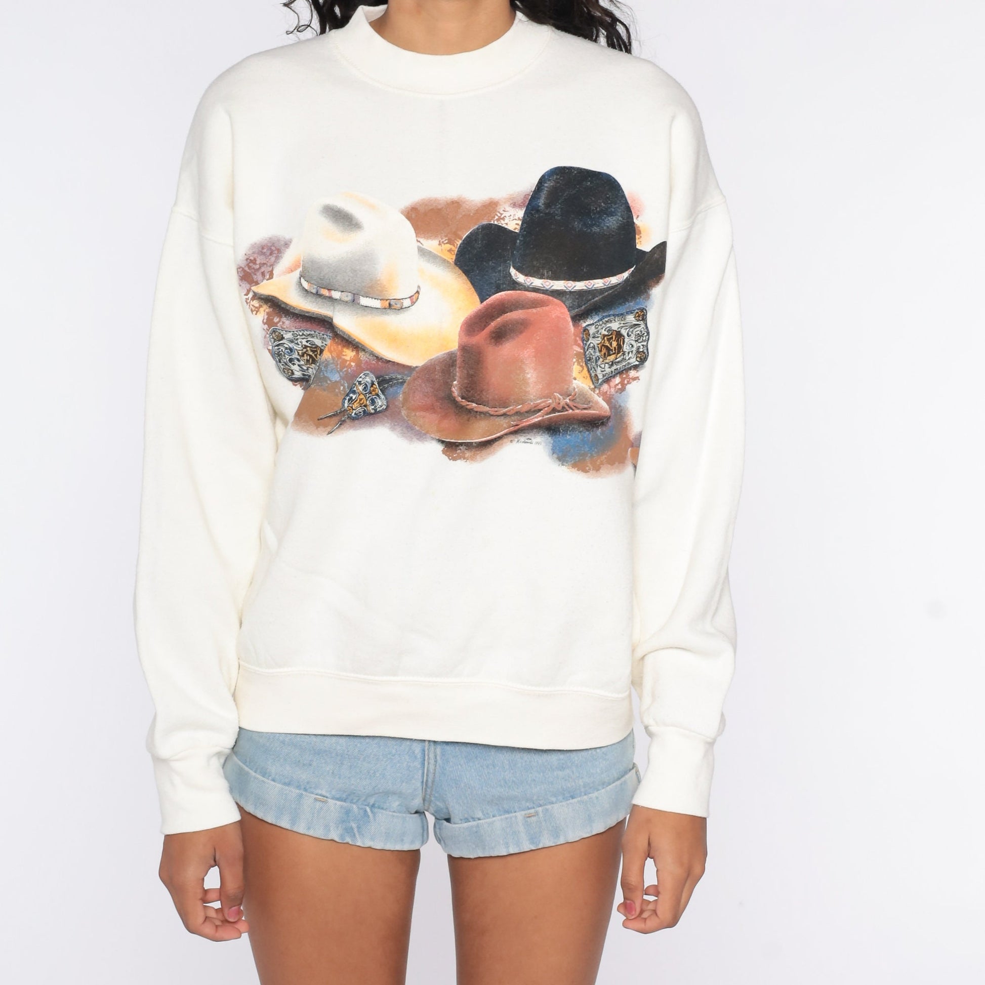 90s Cowboy Hat Graphic Sweatshirt Cream Crewneck Pullover Large L