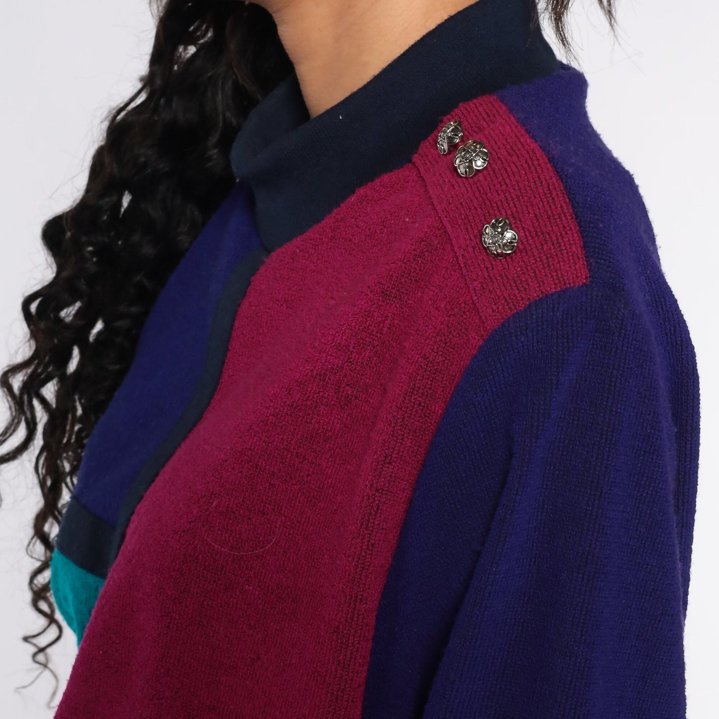 80s Color Block Sweatshirt Purple Turquoise Crewneck Pullover Medium