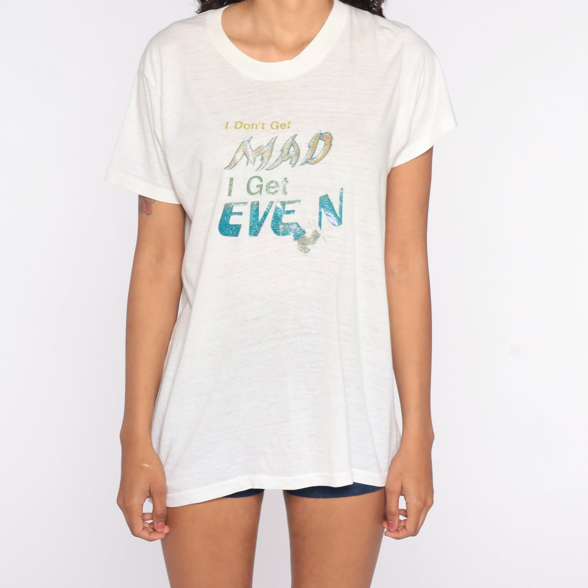 70s I Don't Get Mad I Get Even Iron On Graphic Tee Single Stitch Large