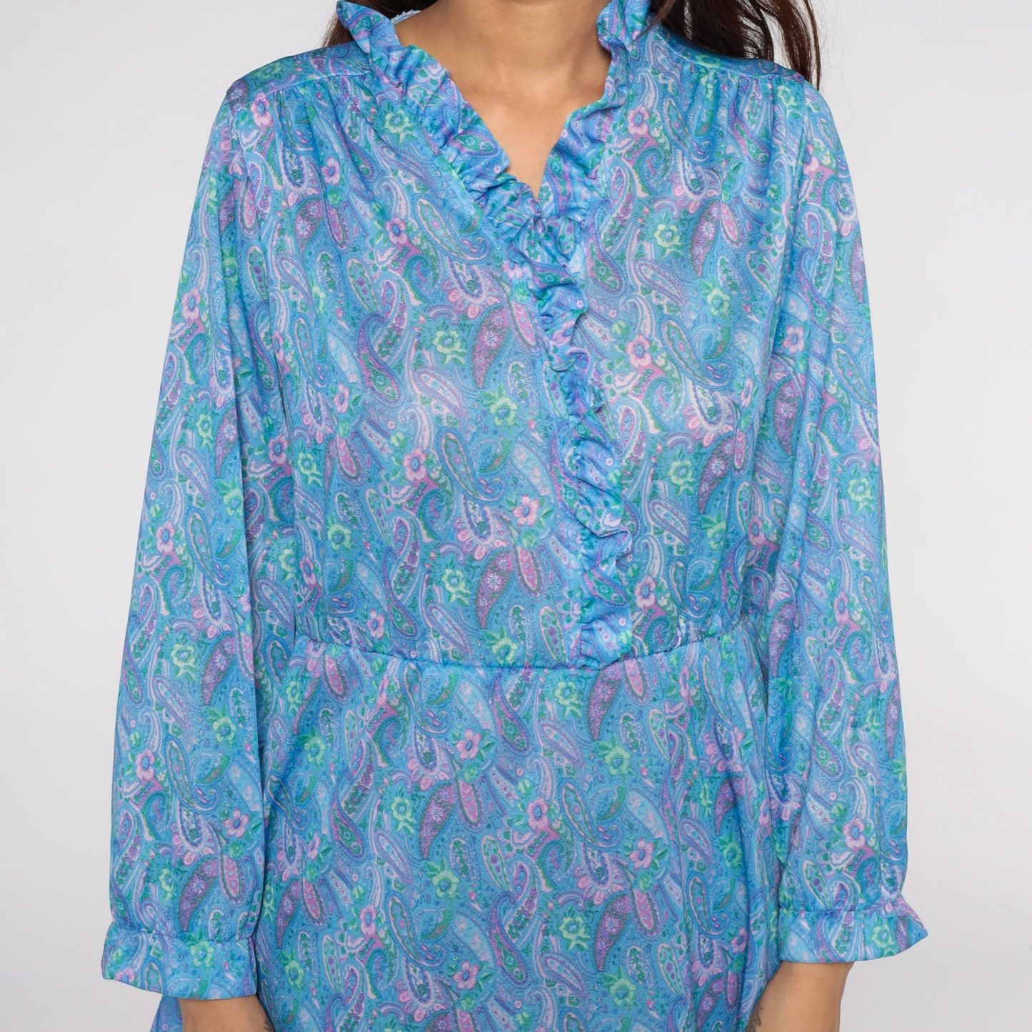 80s Blue Paisley Print Mini Dress Long Sleeve High Waist Ruffle V Neck Medium