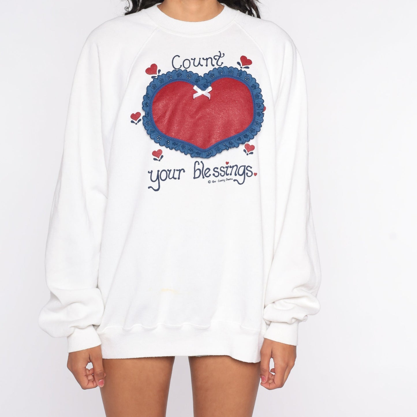 80s Heart Count Your Blessings Sweatshirt Novelty Raglan Extra Large XL