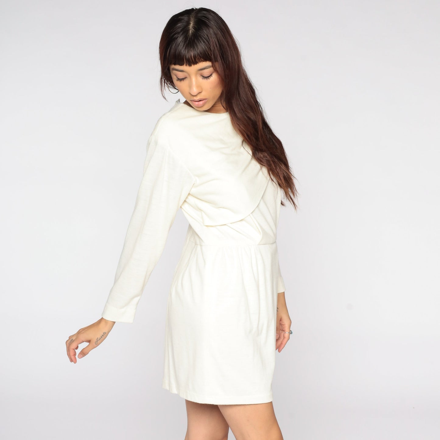 80s Off-White Mini Dress High Waist Long Sleeve Draped Medium