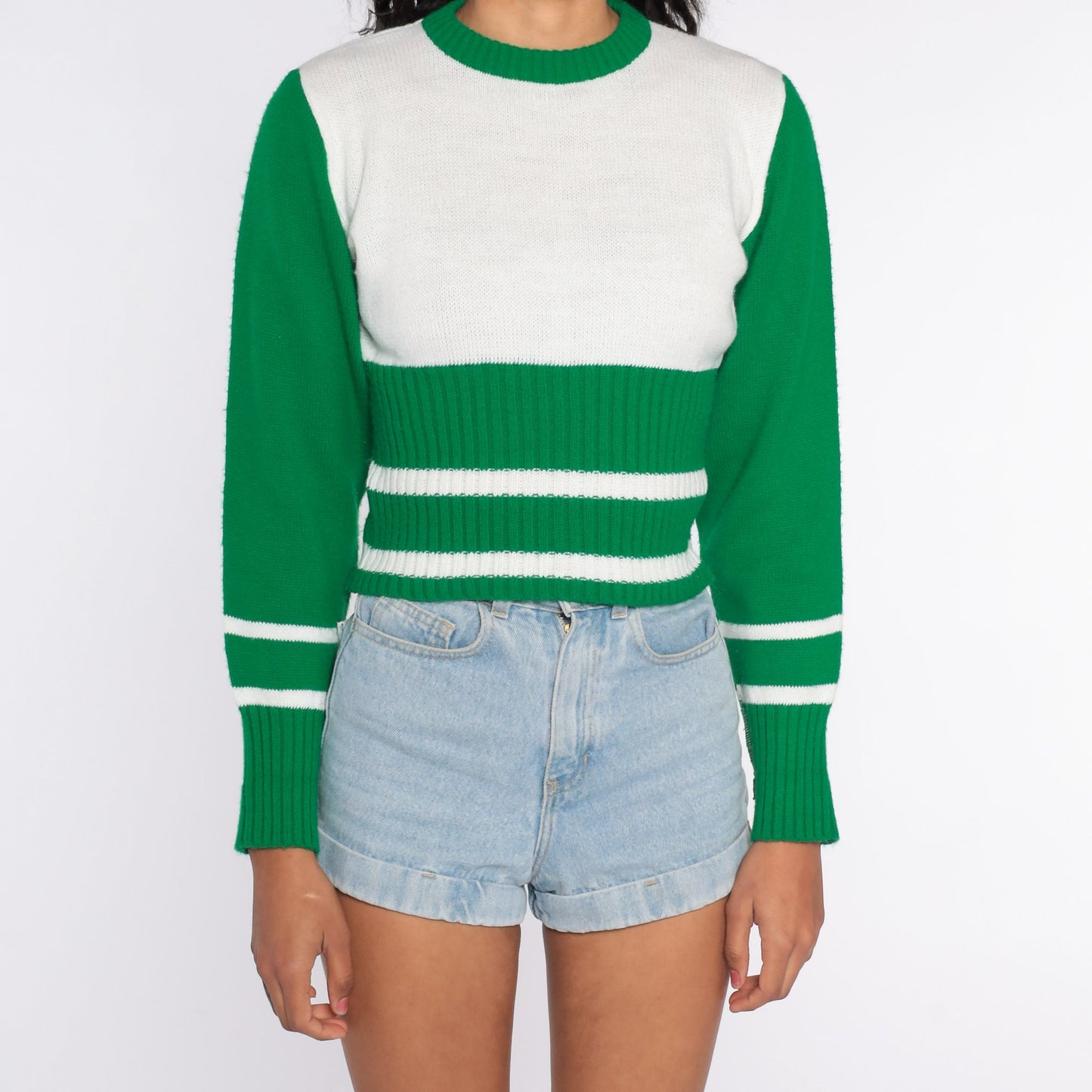 70s Striped Knit Sweater White Green Ringer Pullover Small