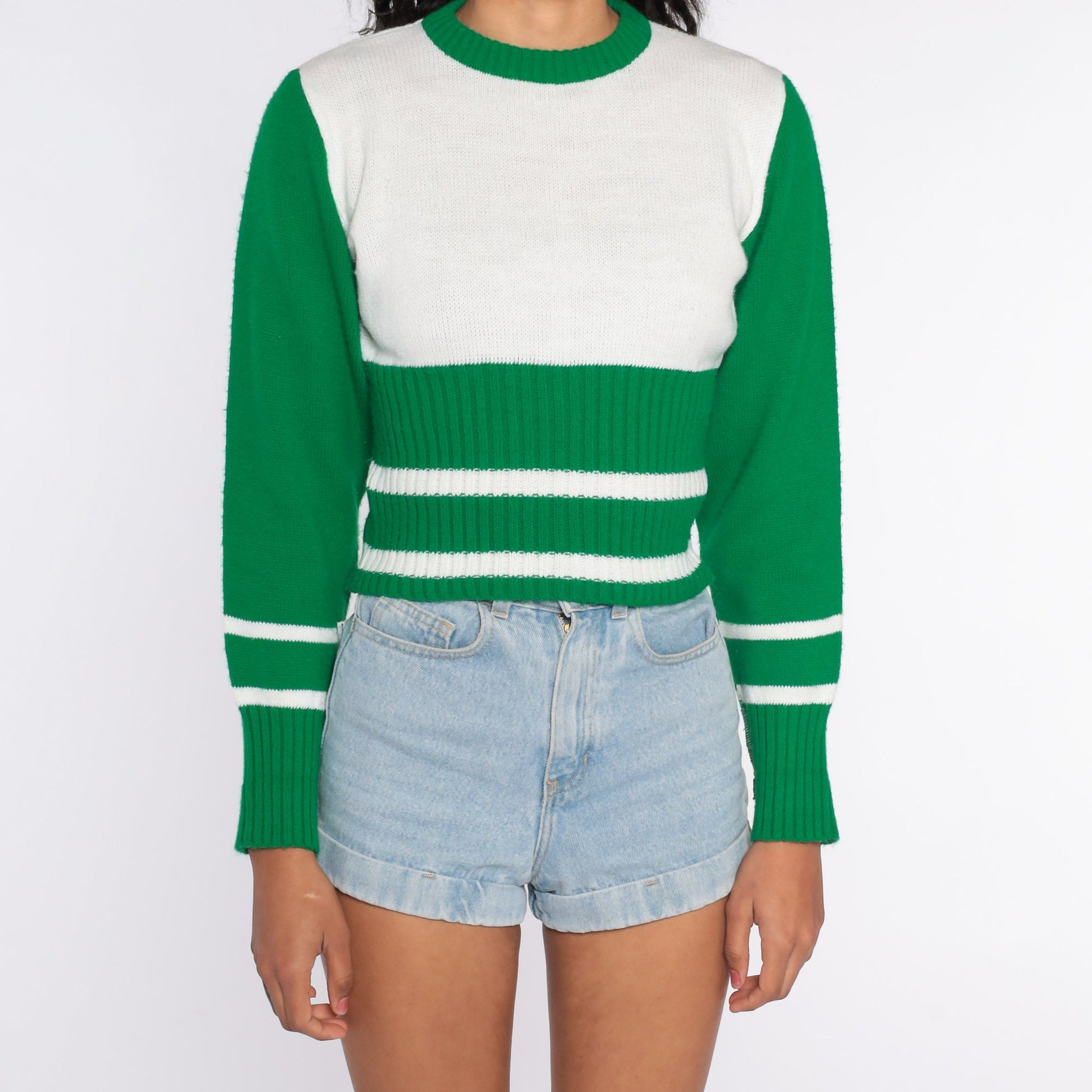 70s Striped Knit Sweater White Green Ringer Pullover Small