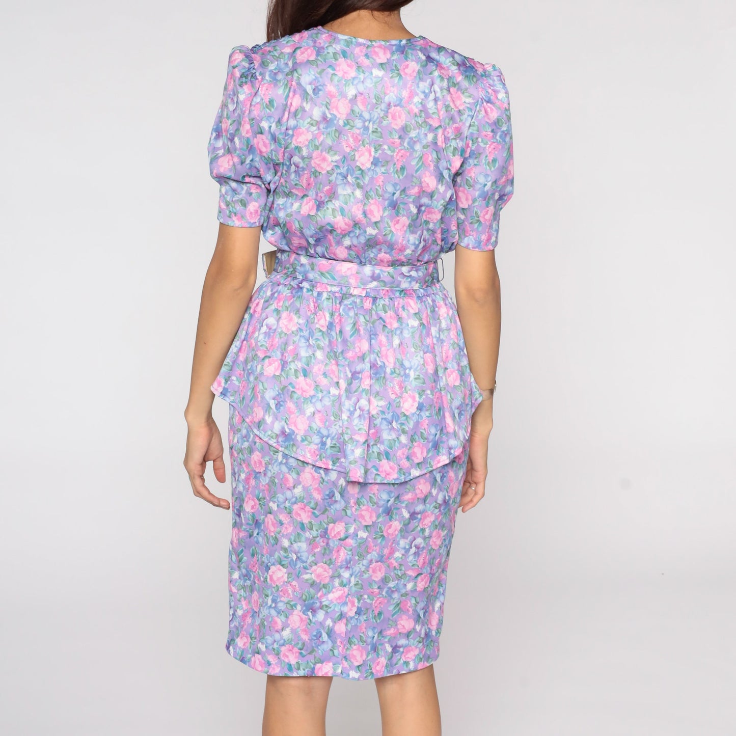 80s Purple Floral Peplum Dress Puff Sleeve Midi Pencil Wiggle Medium