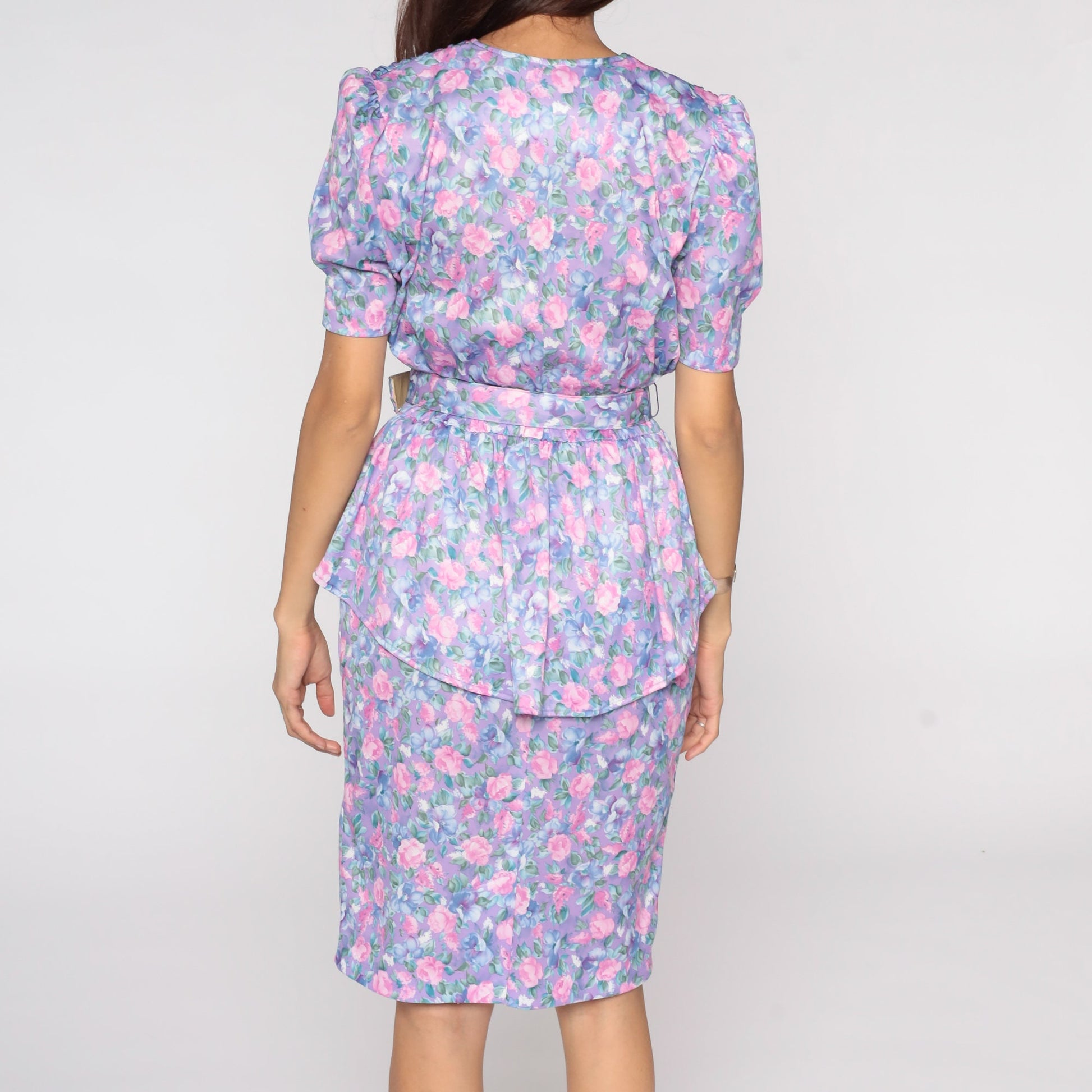 80s Purple Floral Peplum Dress Puff Sleeve Midi Pencil Wiggle Medium