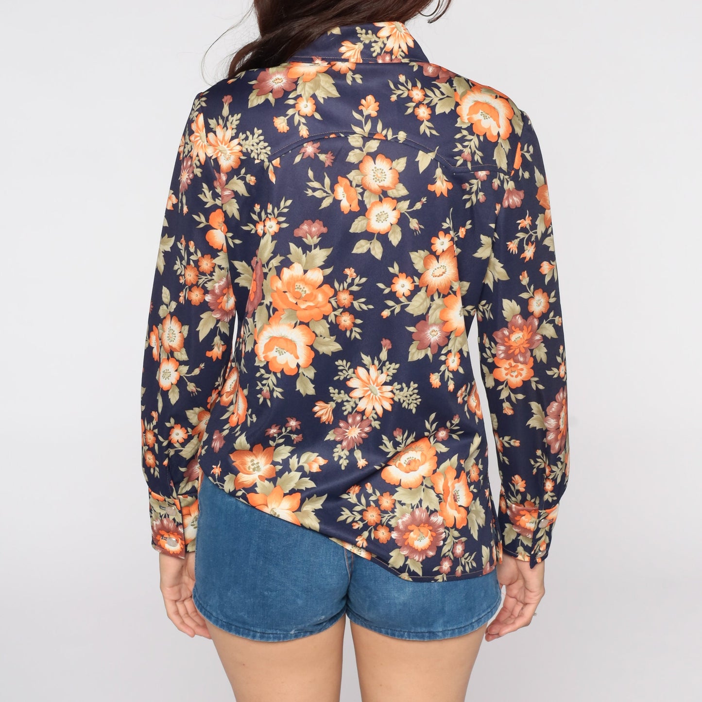 70s Floral Button Up Shirt Navy Blue Pointed Collar Long Sleeve Medium