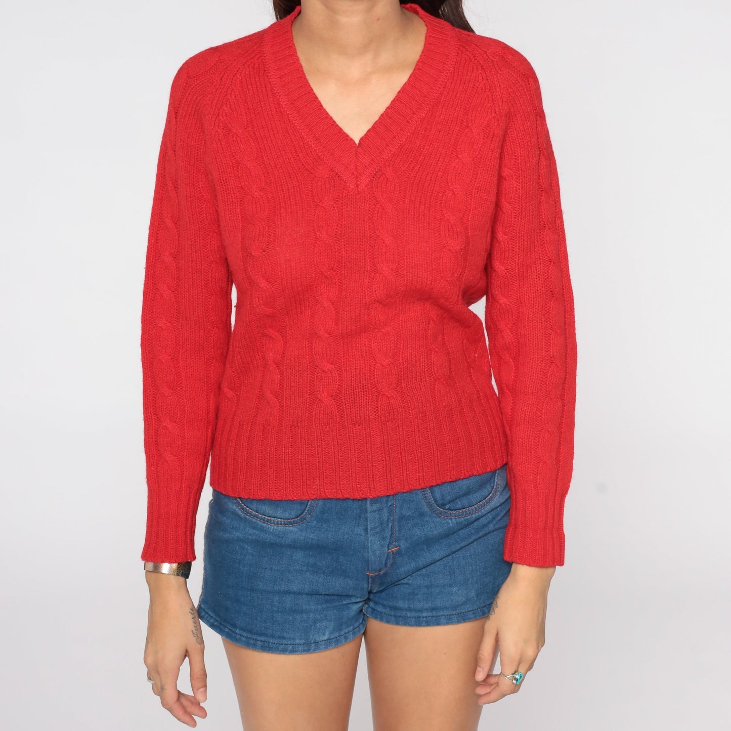 70s Red Wool Cable Knit Sweater Pullover Small Medium