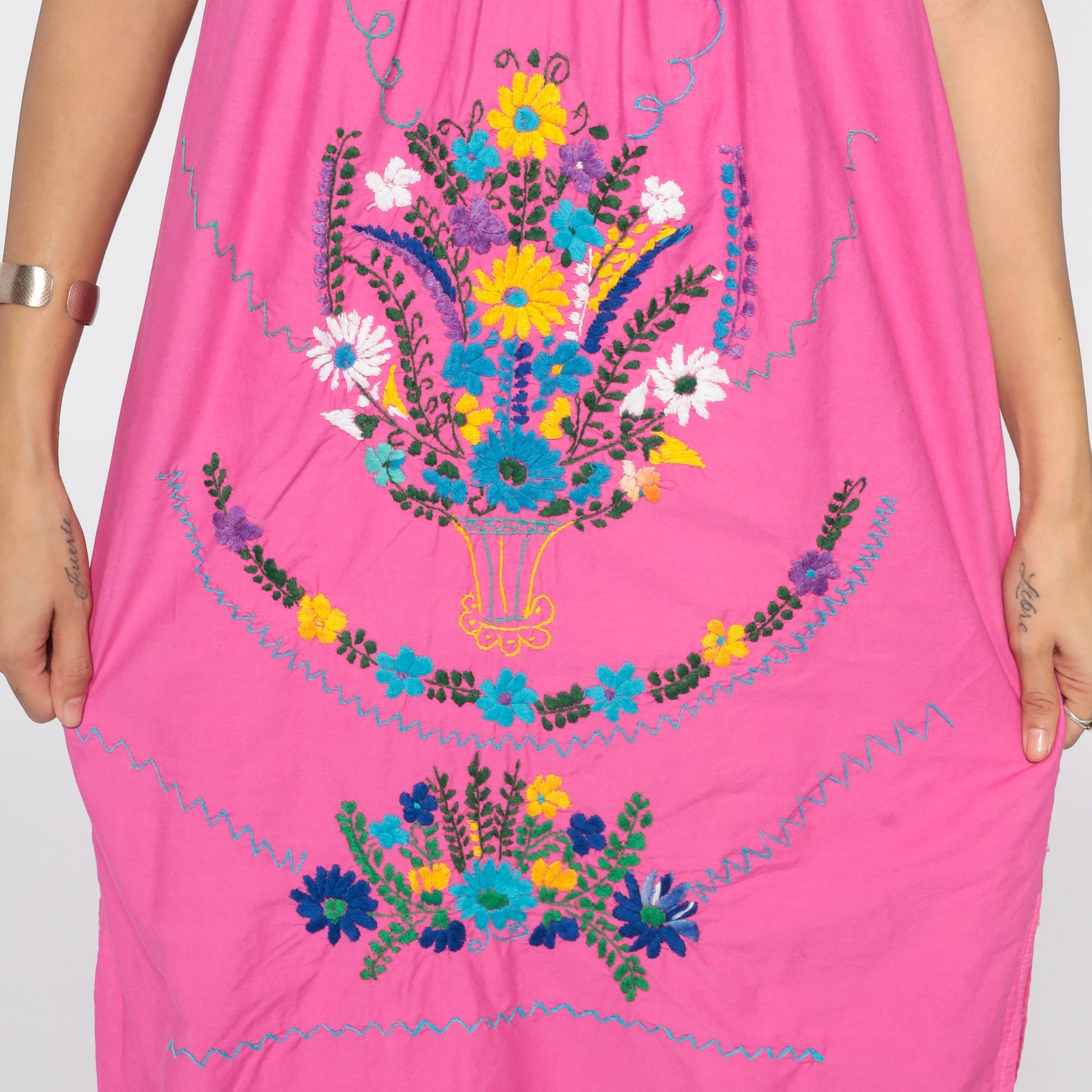 Vintage Mexican Pink Cotton Midi Dress Embroidered Tunic Medium