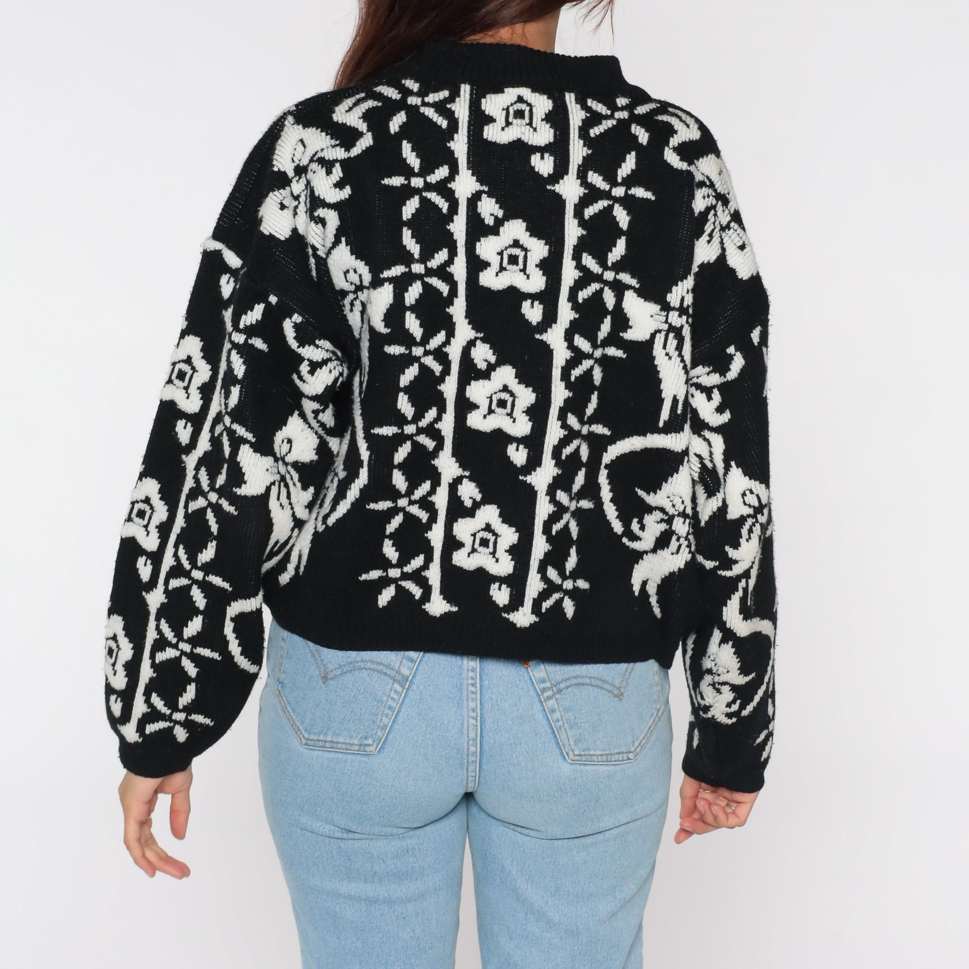 80s Black Floral Sweater White Print Pullover Knit Large