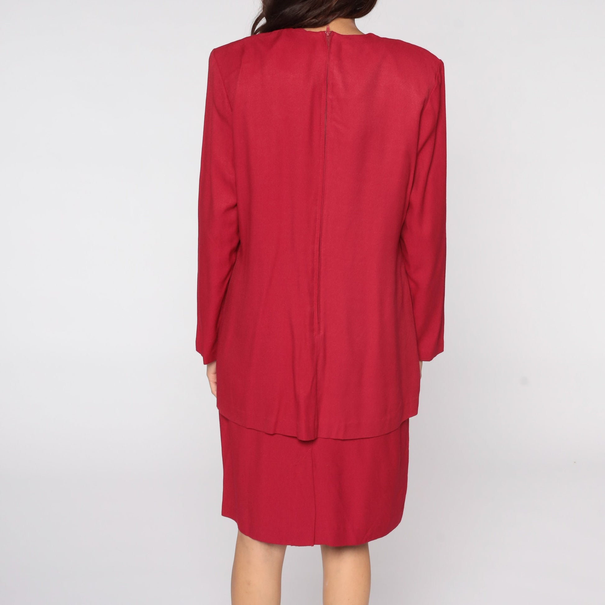 80s Red Button-Up Dress Gold Buttons Knee Length Long Sleeve Medium
