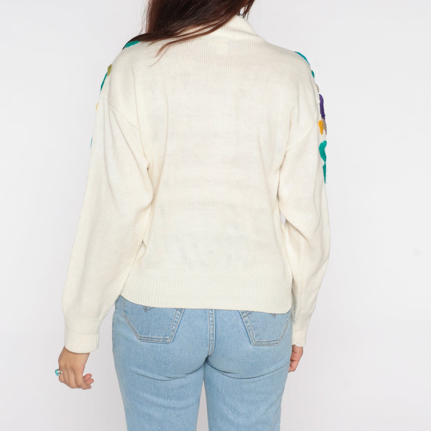 90s Floral Embroidered Cream Knit Sweater Shawl Neck Pullover Medium