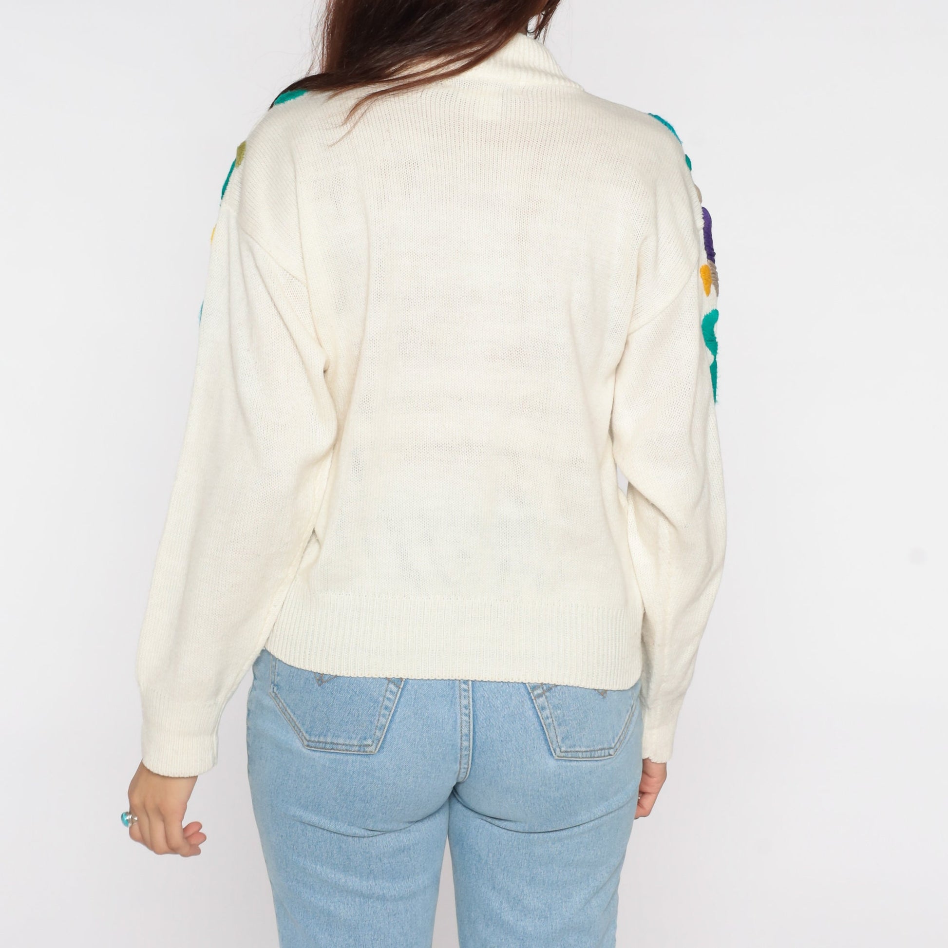 90s Floral Embroidered Cream Knit Sweater Shawl Neck Pullover Medium