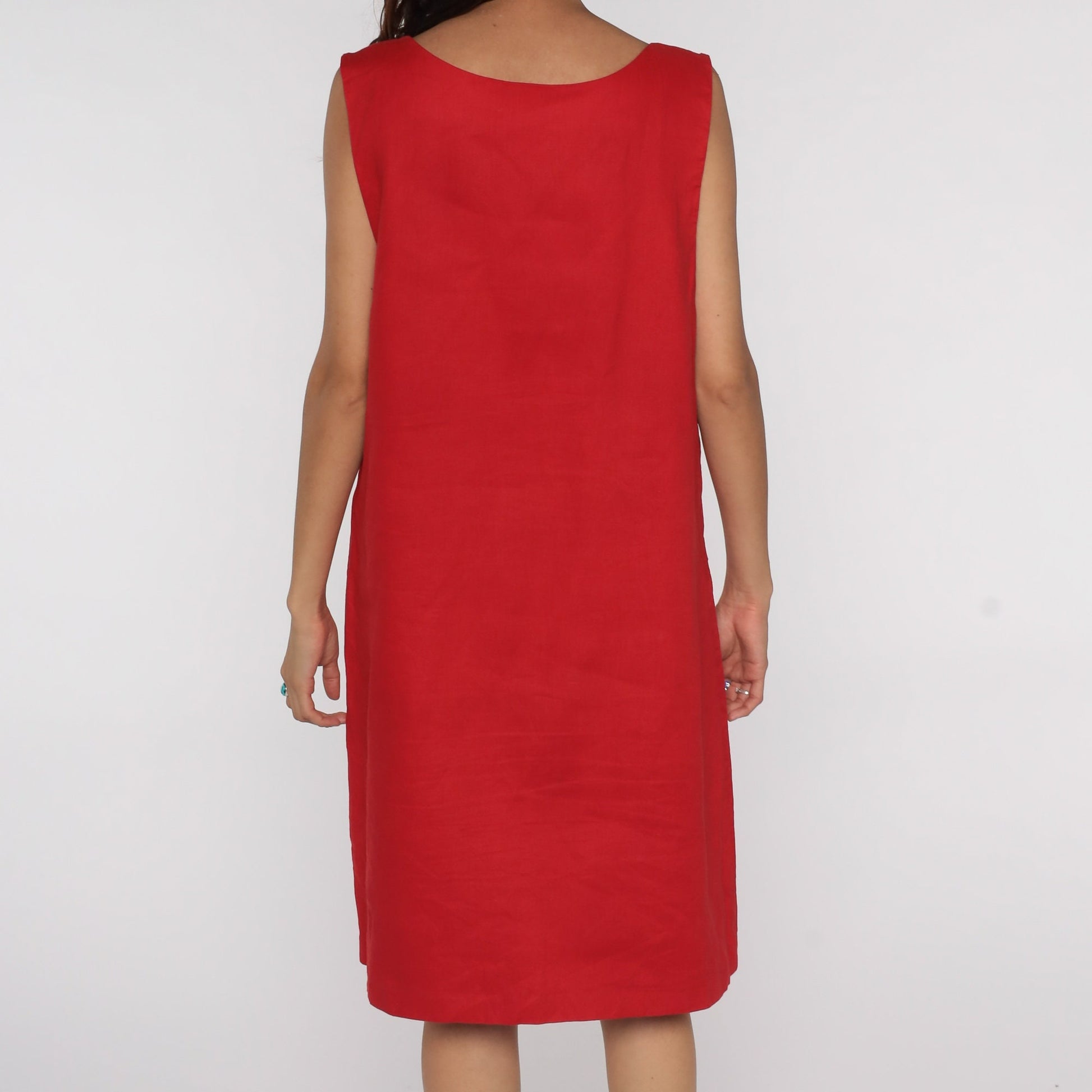 90s Rafaella Linen Jumper Dress Red Midi Sleeveless Button Side Medium