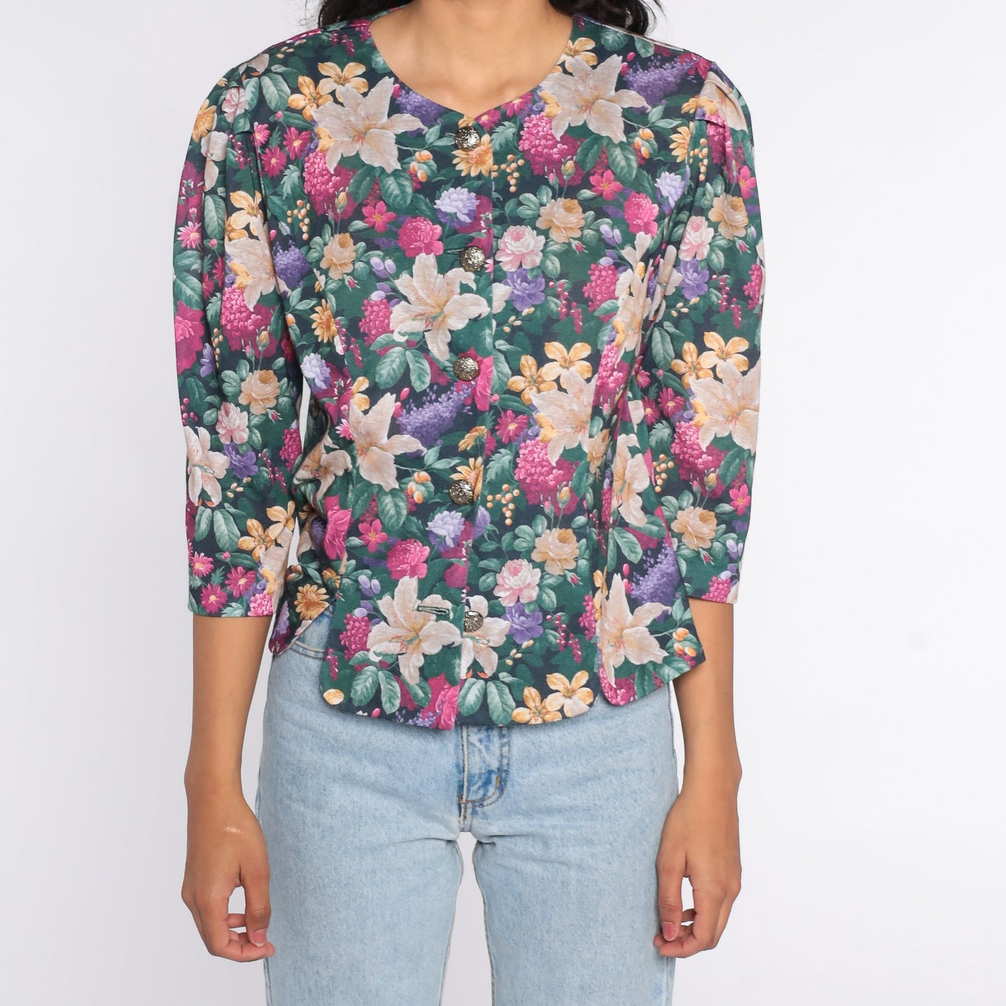 80s Floral Puff Sleeve Button-Up Blouse Polyester Medium