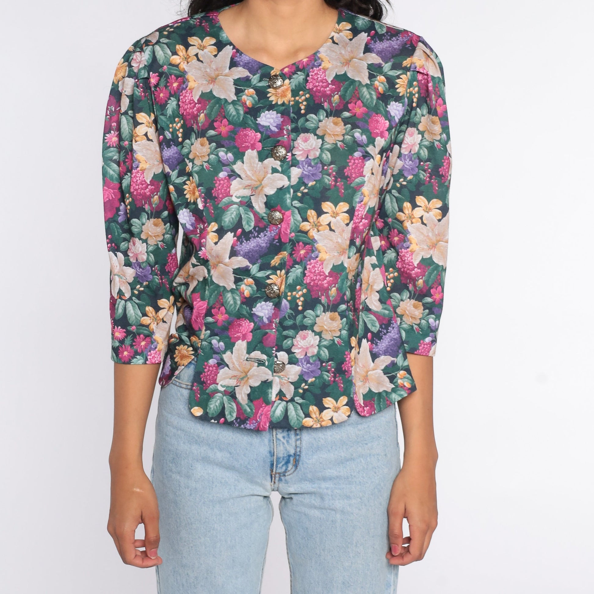 80s Floral Puff Sleeve Button-Up Blouse Polyester Medium