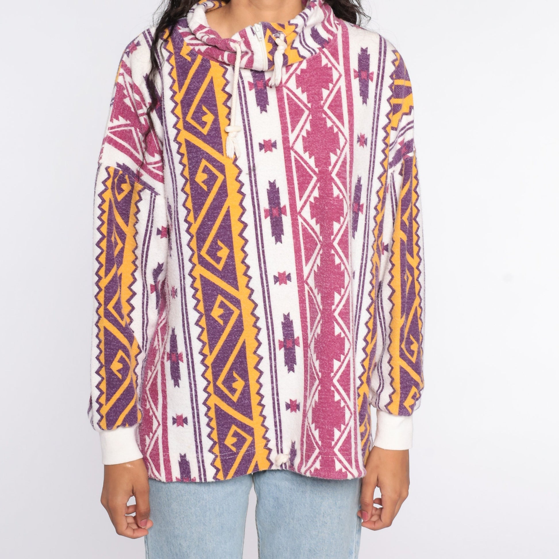 90s Southwestern Mock Neck Drawstring Shirt Aztec Print White Pink Purple Medium