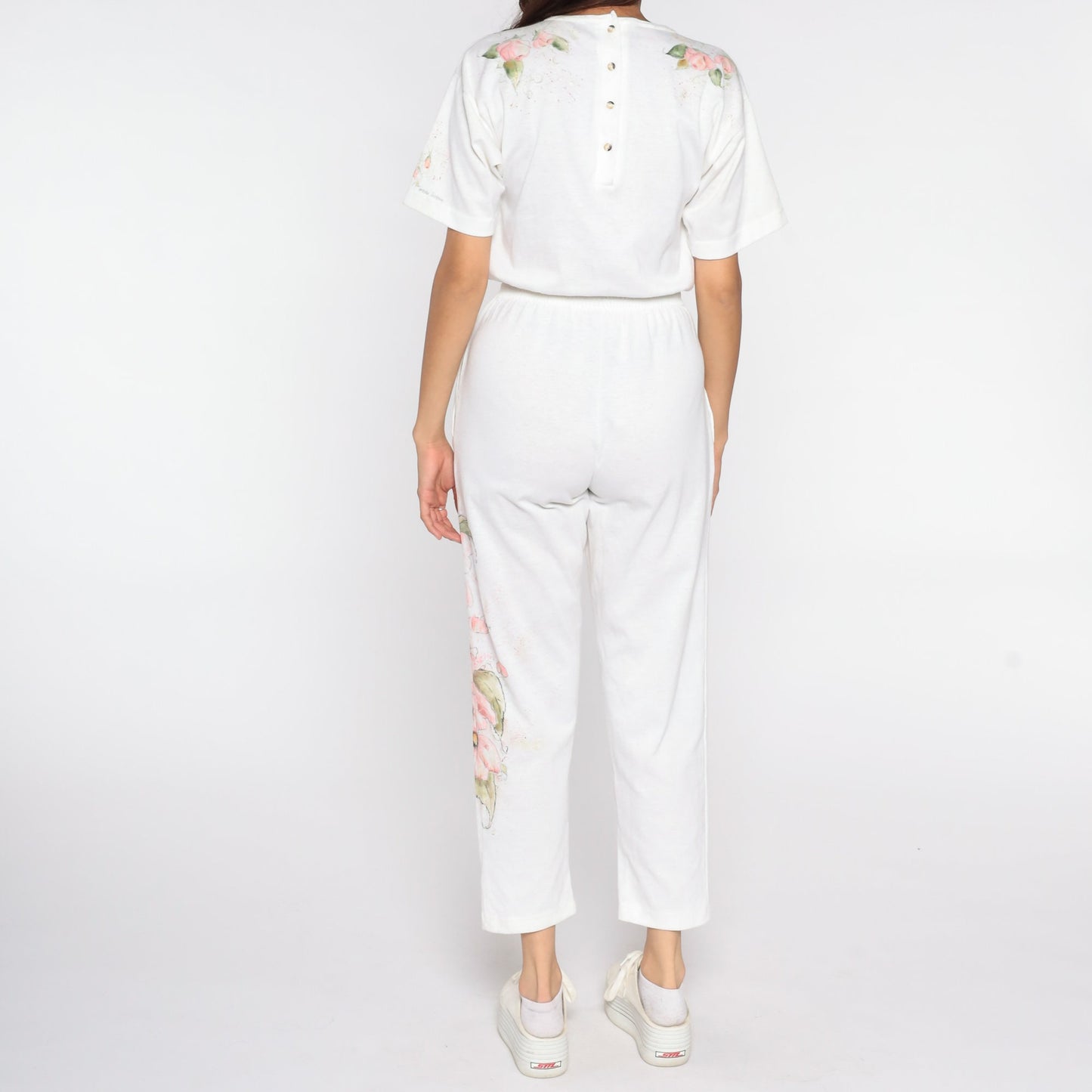 80s Hand Painted Floral Jumpsuit White High Waisted Button Back Short Sleeve Extra Small XS
