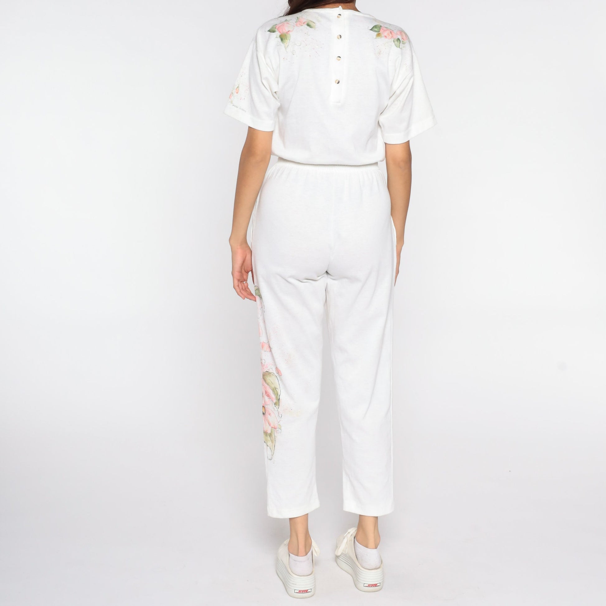 80s Hand Painted Floral Jumpsuit White High Waisted Button Back Short Sleeve Extra Small XS