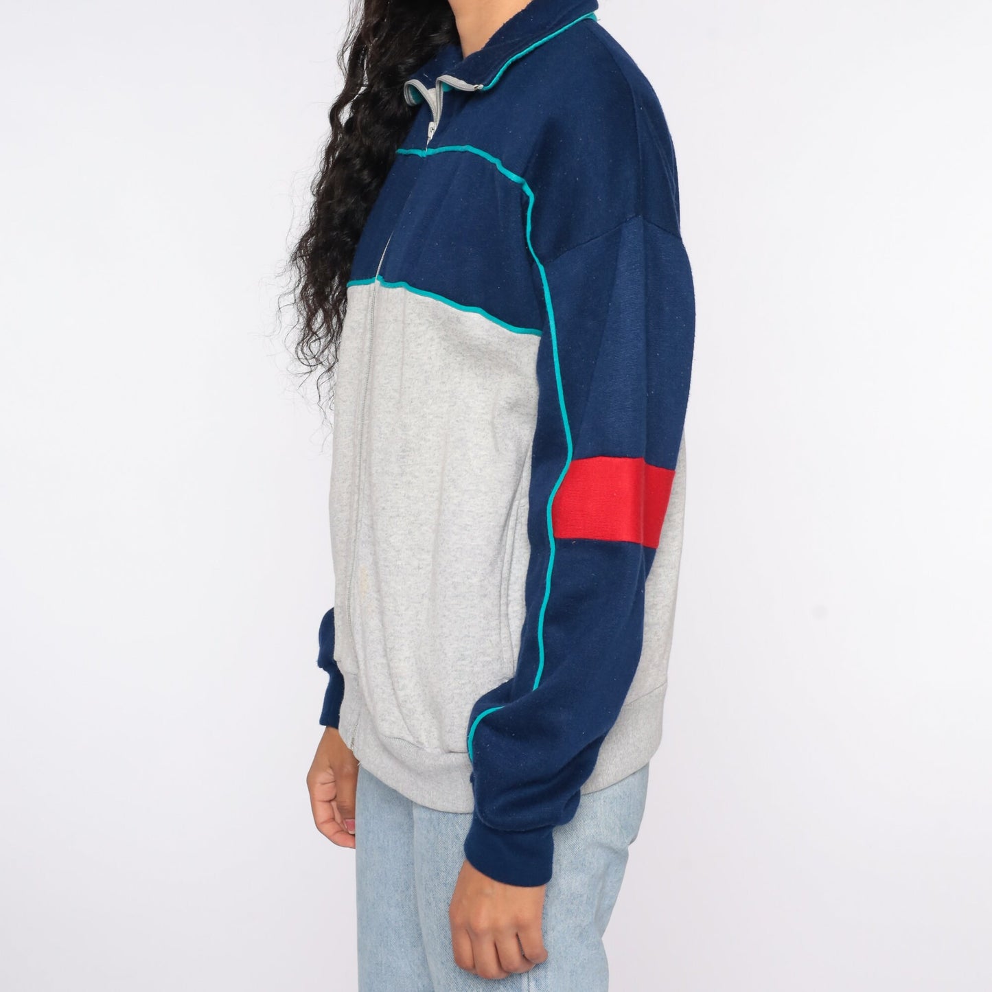 80s Track Jacket Blue Grey Zip Up Sweatshirt Medium